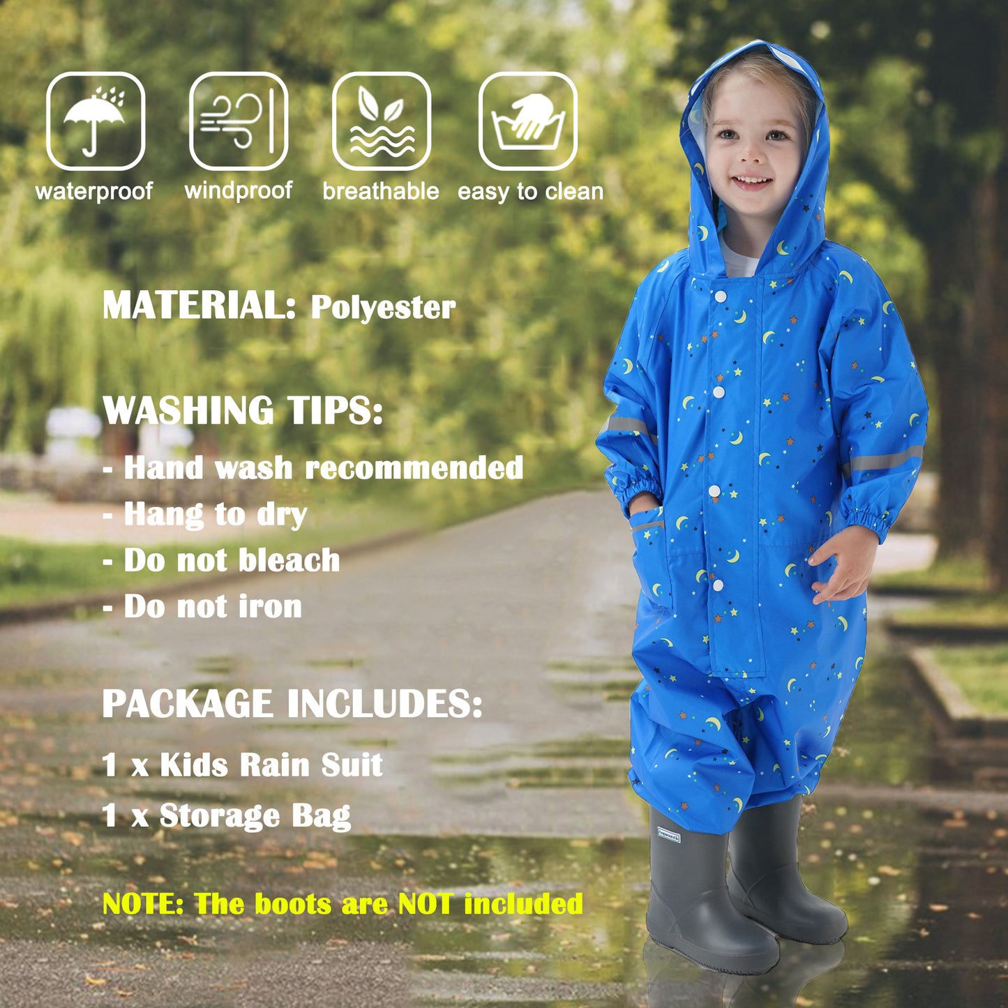 Kids Toddler Rain Suit for Boys Girls One Piece Hoodie Zipper Waterproof Rain Jacket 1-10 Years