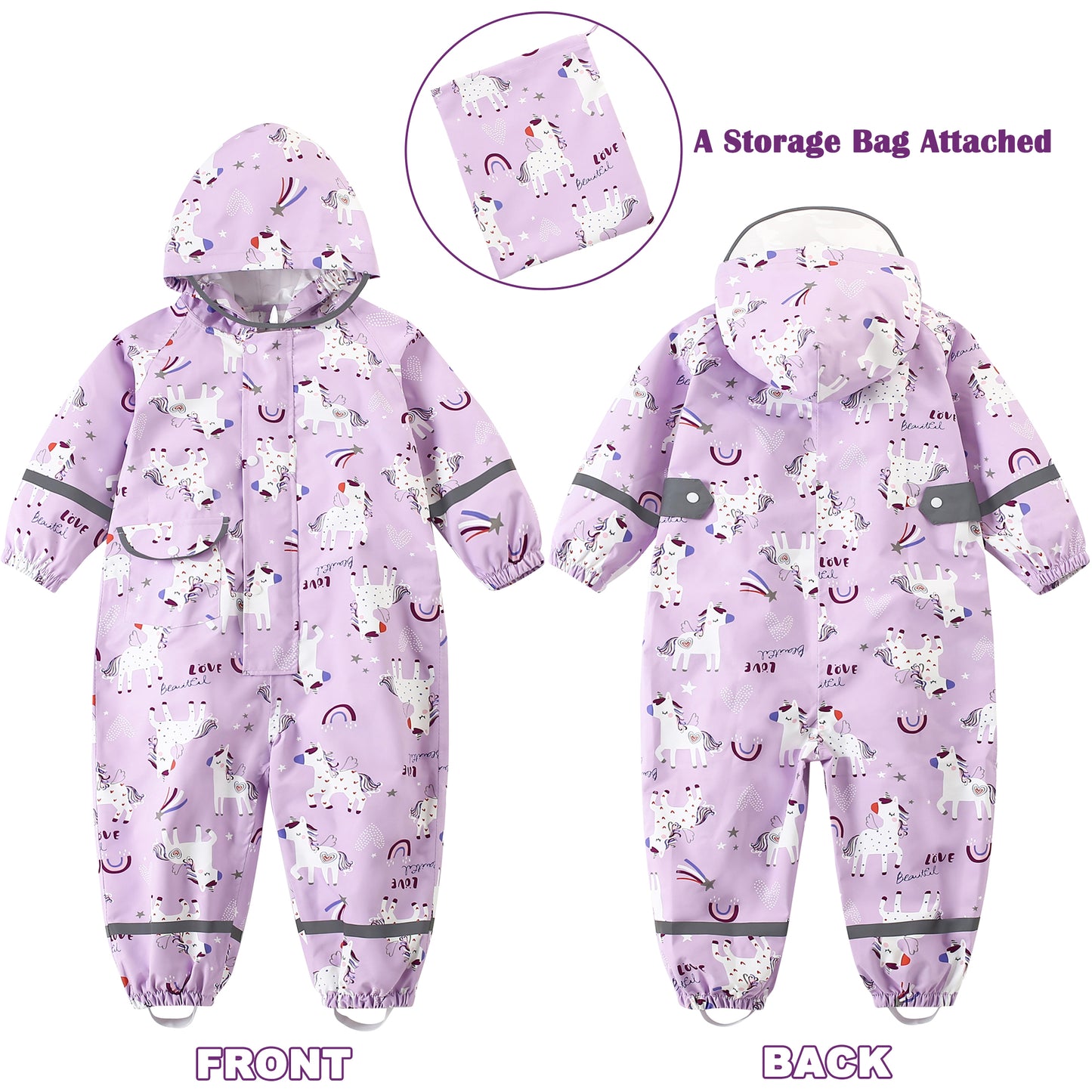 Fewlby Kids Rain Suit Toddler Girls Raincoats One Piece Hoodie Cartoon Rain Gear Coverall Waterproof Rainwear