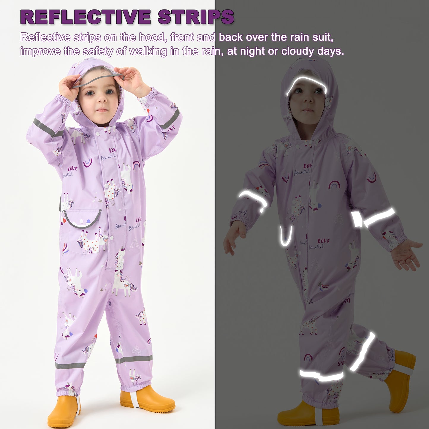 Fewlby Kids Rain Suit Toddler Girls Raincoats One Piece Hoodie Cartoon Rain Gear Coverall Waterproof Rainwear