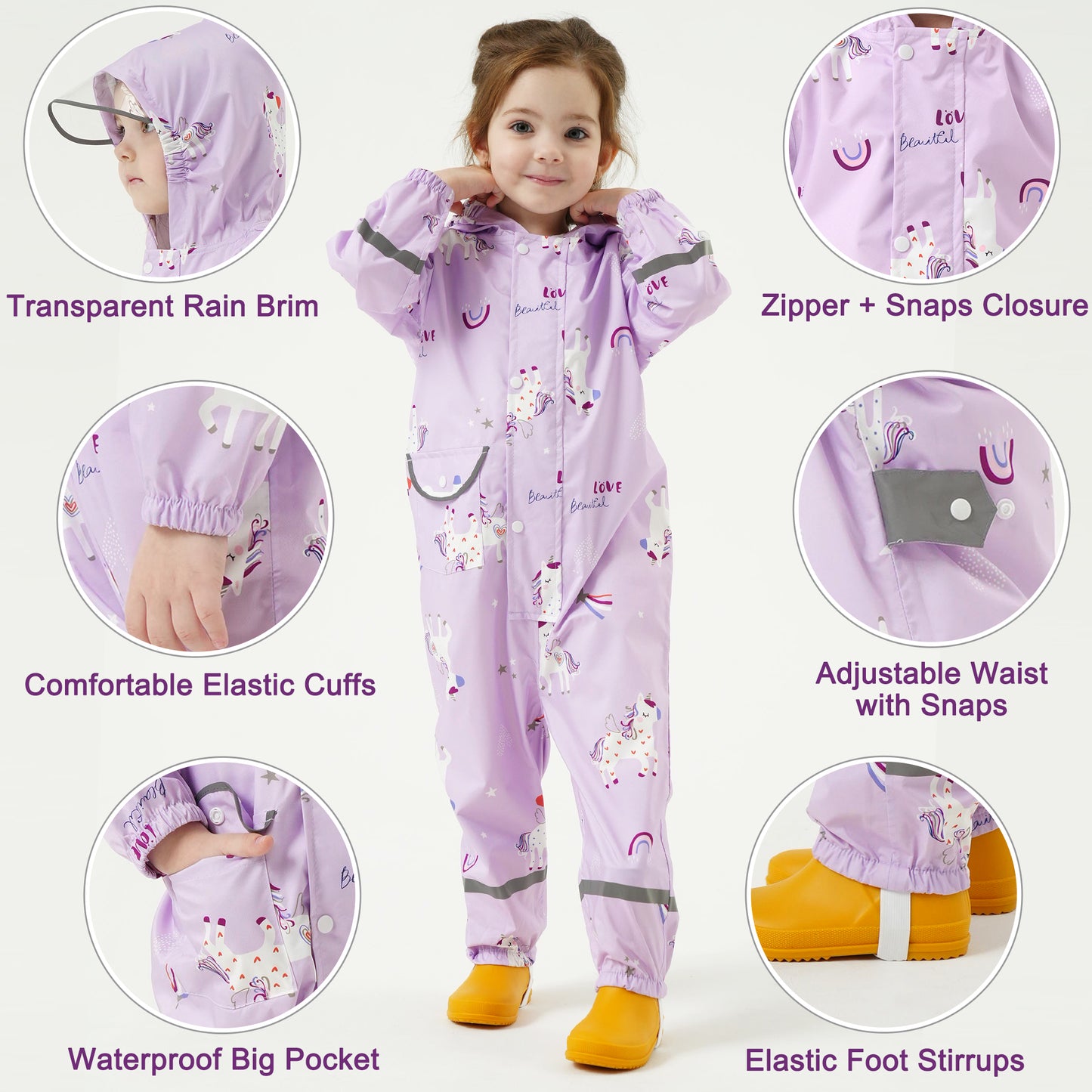 Fewlby Kids Rain Suit Toddler Girls Raincoats One Piece Hoodie Cartoon Rain Gear Coverall Waterproof Rainwear