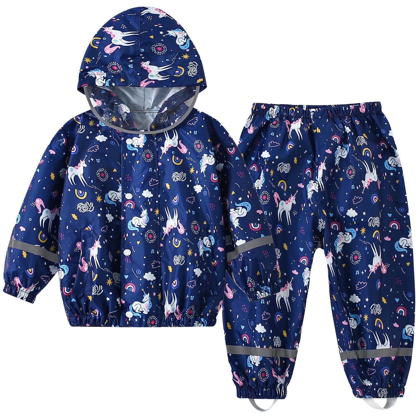 Fewlby Kids Rainsuit Girls Cartoon Raincoat Set, Toddler Waterproof Rain Jacket and Pants Child Rainset Rainwear