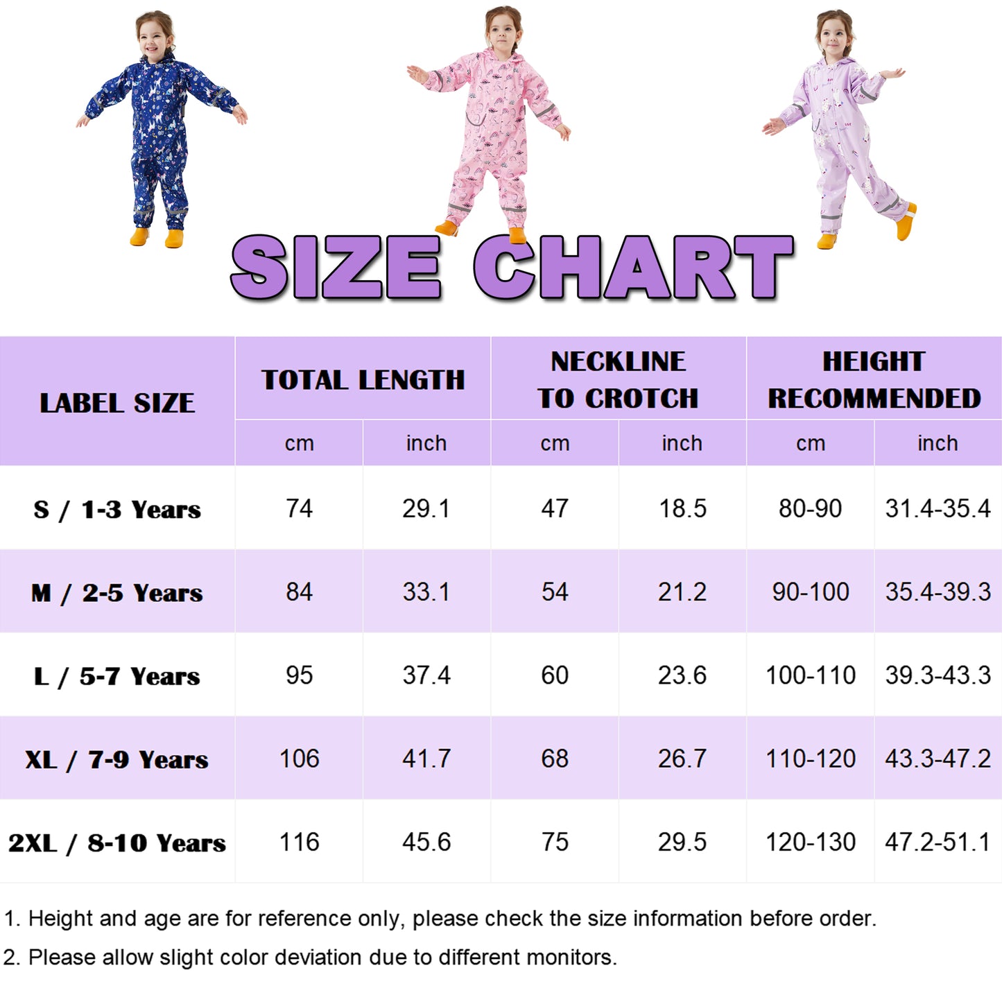 Fewlby Kids Rain Suit Toddler Girls Raincoats One Piece Hoodie Cartoon Rain Gear Coverall Waterproof Rainwear