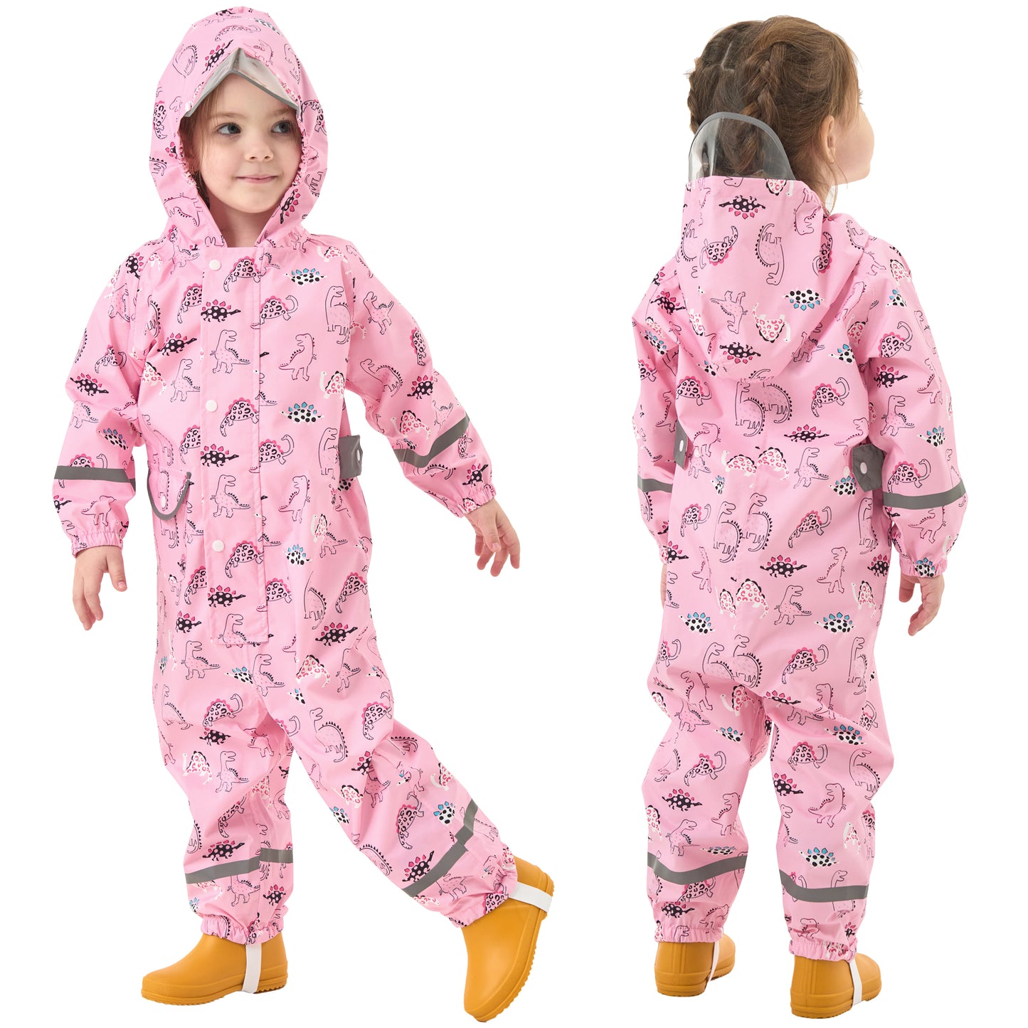 Fewlby Kids Rain Suit Toddler Girls Raincoats One Piece Hoodie Cartoon Rain Gear Coverall Waterproof Rainwear