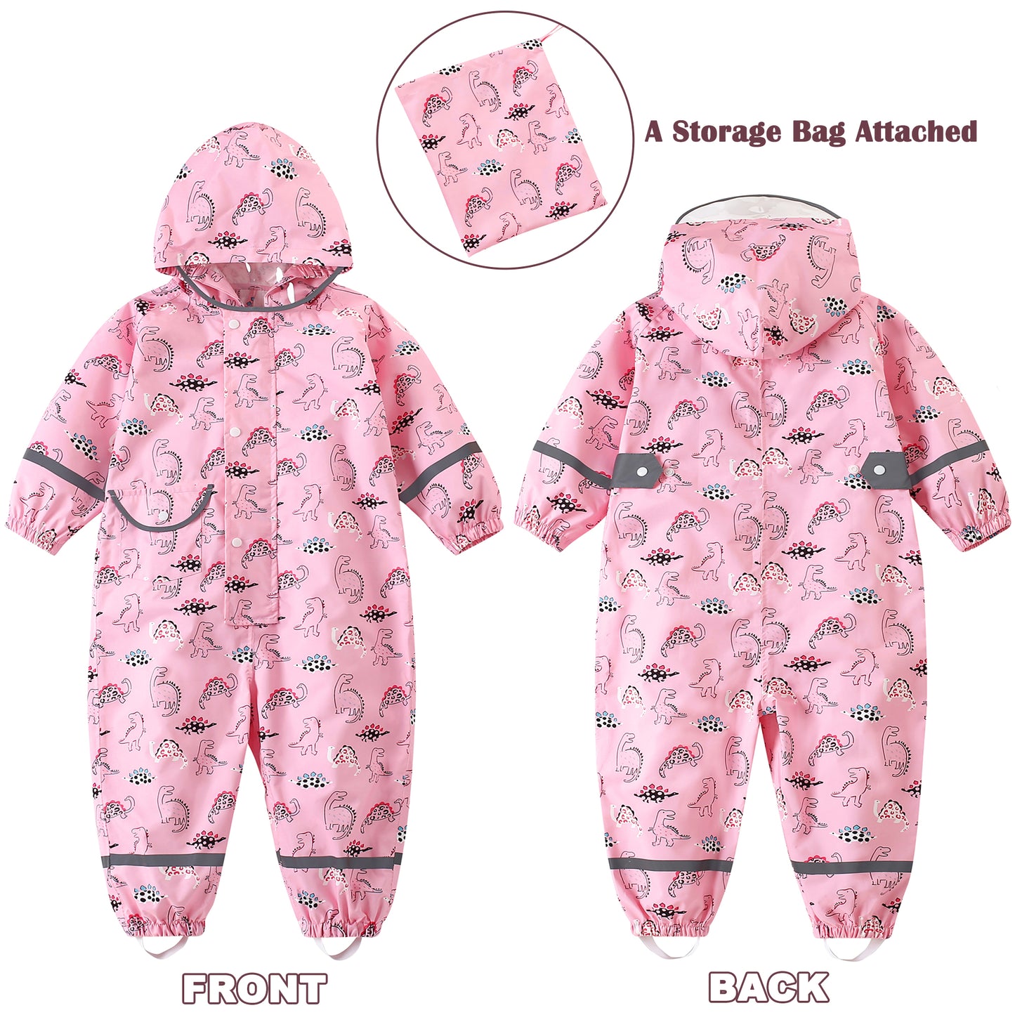 Fewlby Kids Rain Suit Toddler Girls Raincoats One Piece Hoodie Cartoon Rain Gear Coverall Waterproof Rainwear