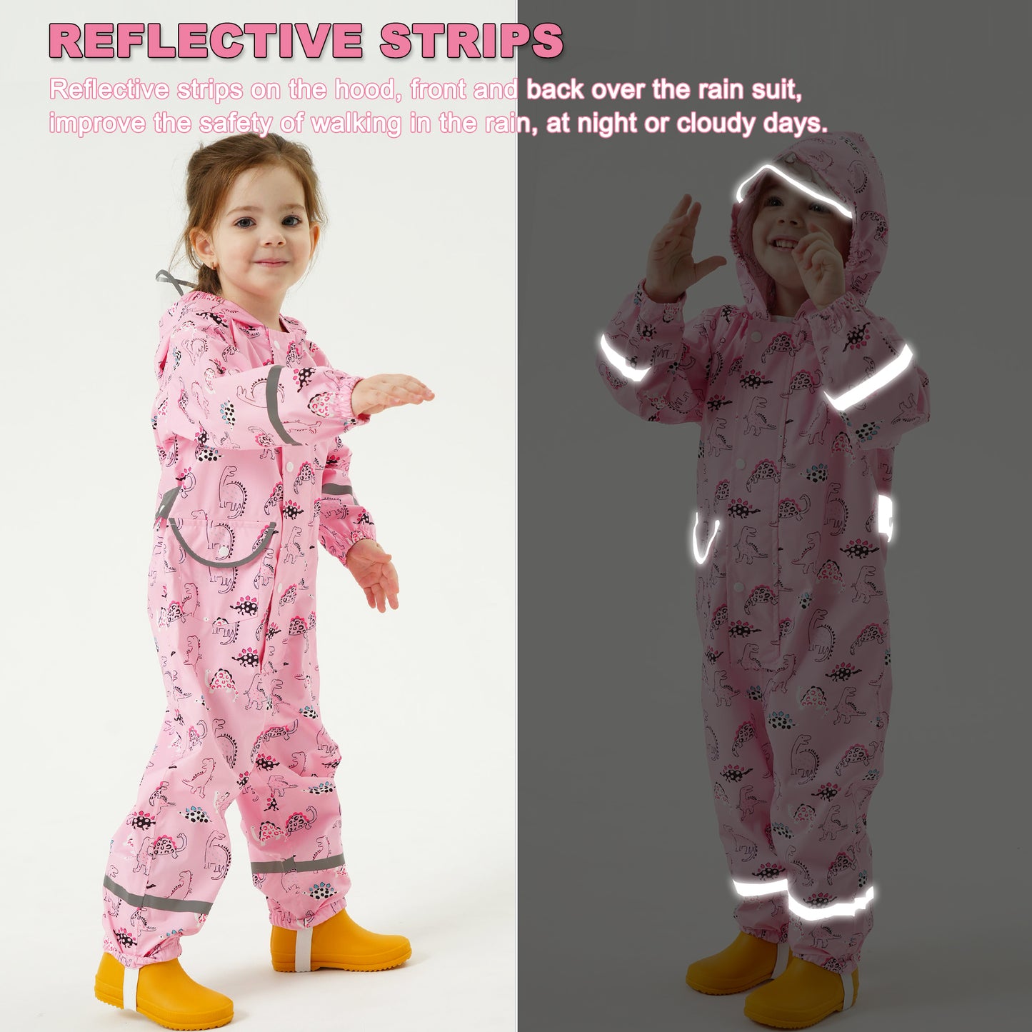 Fewlby Kids Rain Suit Toddler Girls Raincoats One Piece Hoodie Cartoon Rain Gear Coverall Waterproof Rainwear