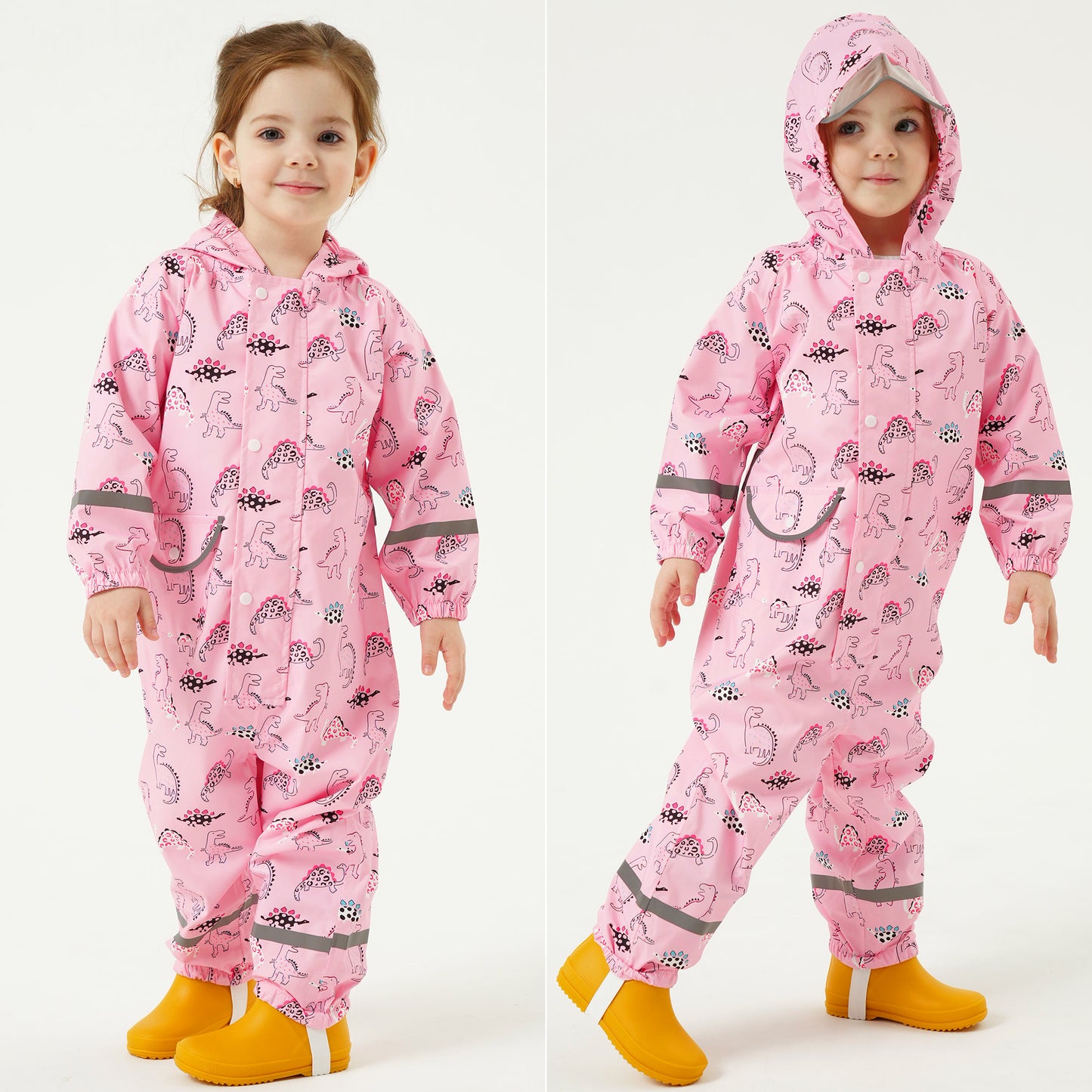 Fewlby Kids Rain Suit Toddler Girls Raincoats One Piece Hoodie Cartoon Rain Gear Coverall Waterproof Rainwear