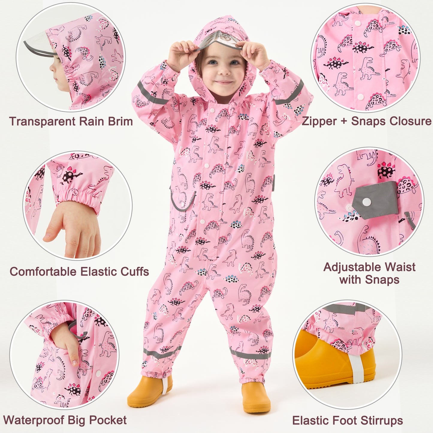 Fewlby Kids Rain Suit Toddler Girls Raincoats One Piece Hoodie Cartoon Rain Gear Coverall Waterproof Rainwear