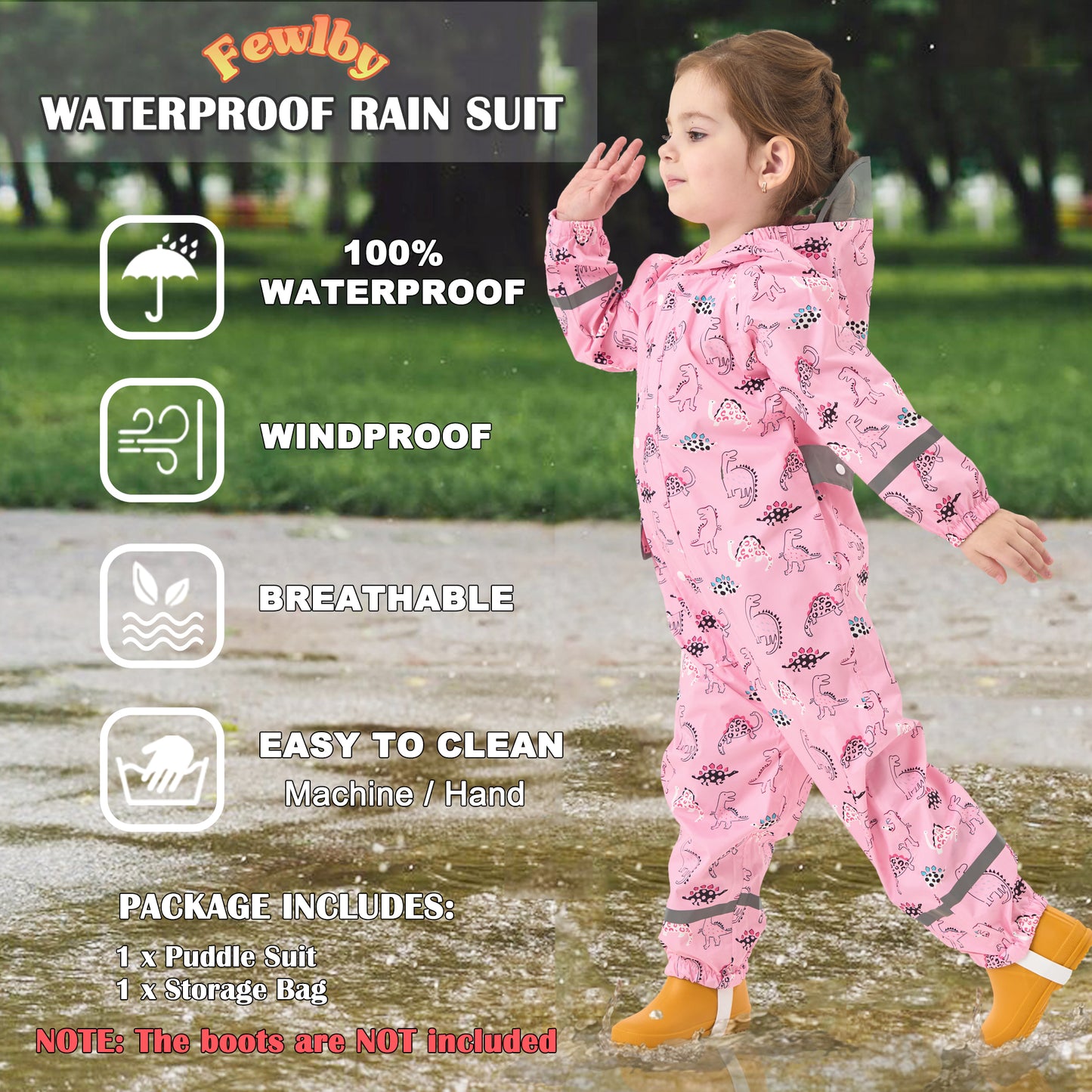 Fewlby Kids Rain Suit Toddler Girls Raincoats One Piece Hoodie Cartoon Rain Gear Coverall Waterproof Rainwear