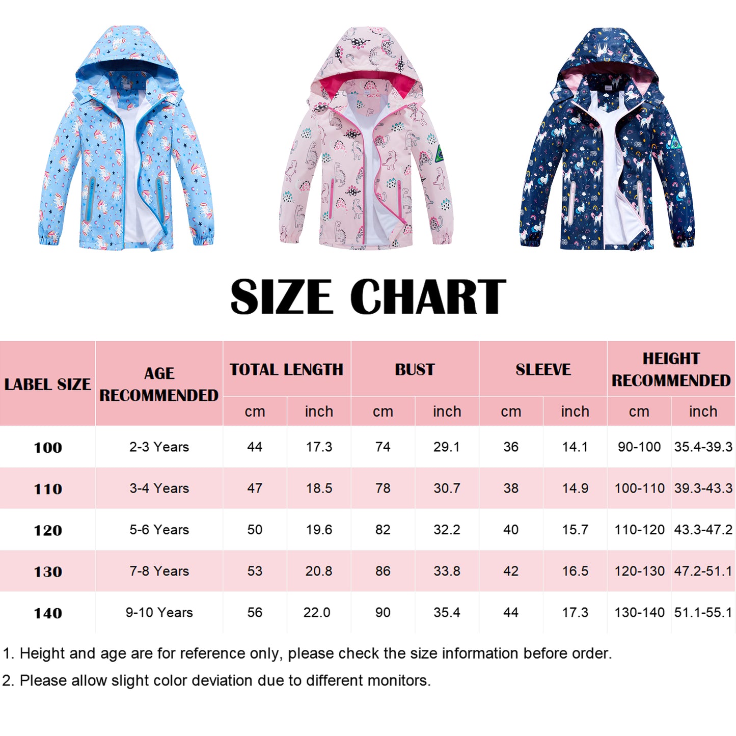 Girls Rain Jackets, Kids Waterproof Jacket Hooded Raincoats Lightweight Windbreaker Cartoon Windproof Outdoor Coats for Spring Fall