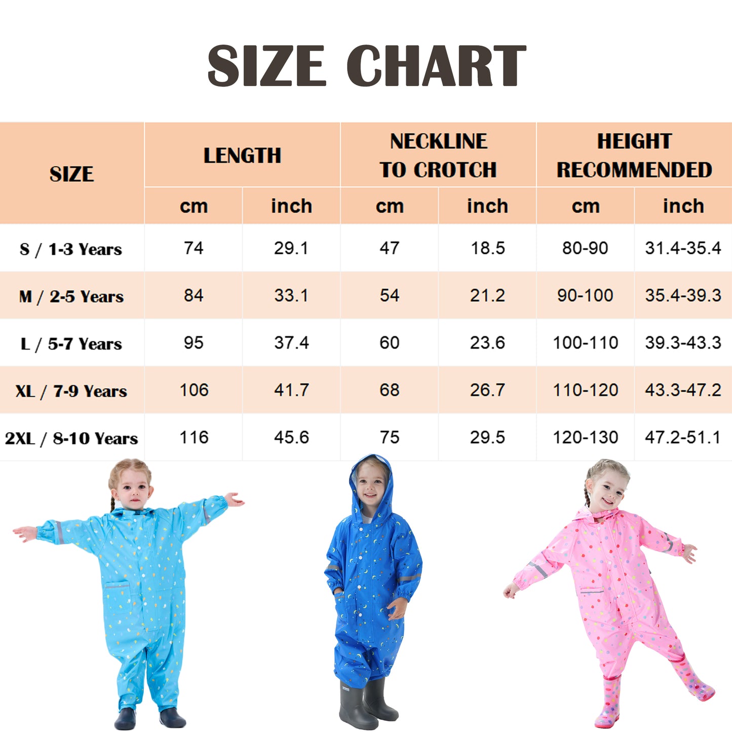 Kids Toddler Rain Suit for Boys Girls One Piece Hoodie Zipper Waterproof Rain Jacket 1-10 Years