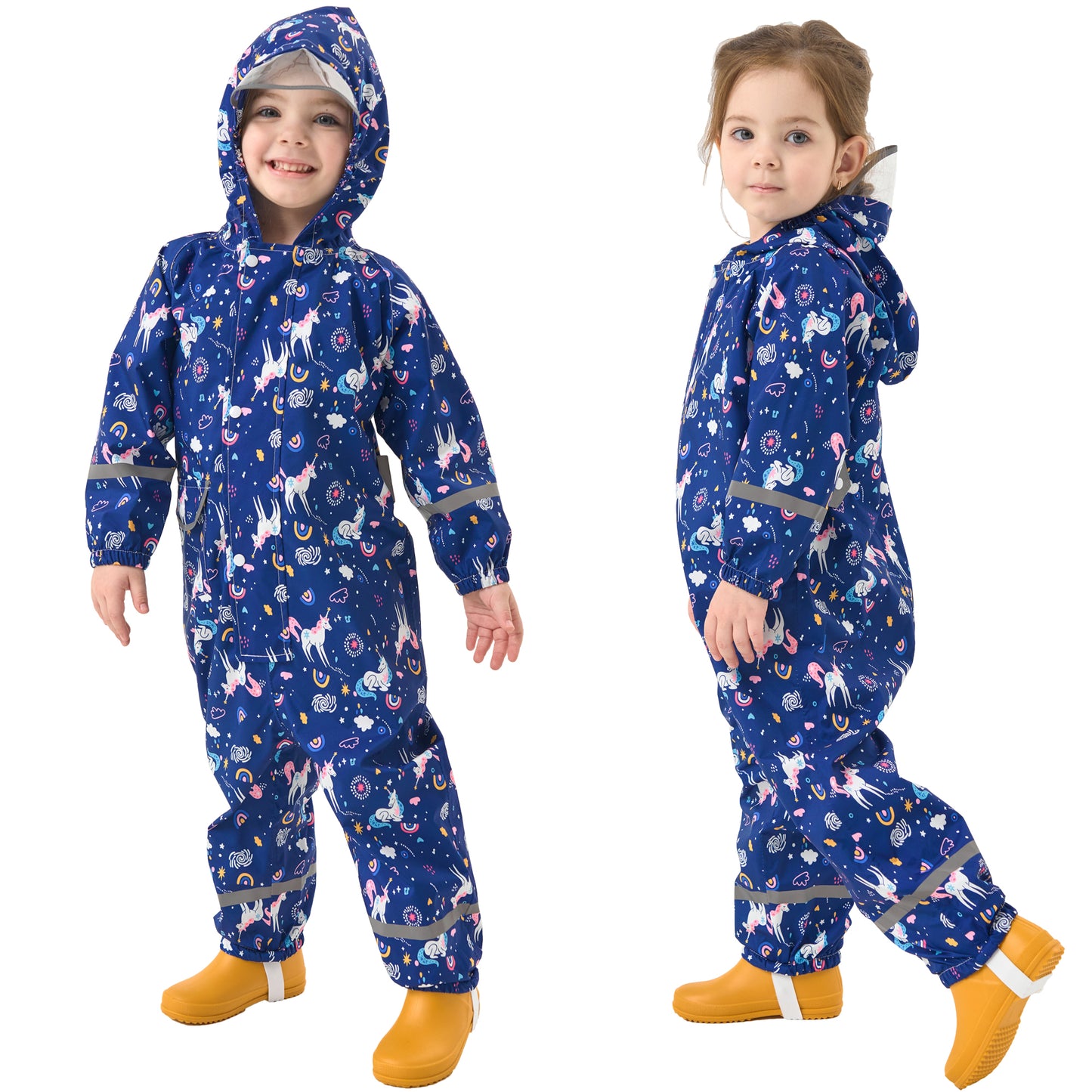 Fewlby Kids Rain Suit Toddler Girls Raincoats One Piece Hoodie Cartoon Rain Gear Coverall Waterproof Rainwear