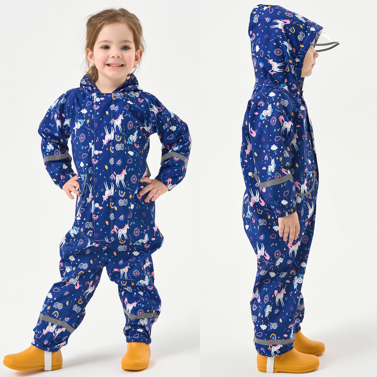 Fewlby Kids Rain Suit Toddler Girls Raincoats One Piece Hoodie Cartoon Rain Gear Coverall Waterproof Rainwear