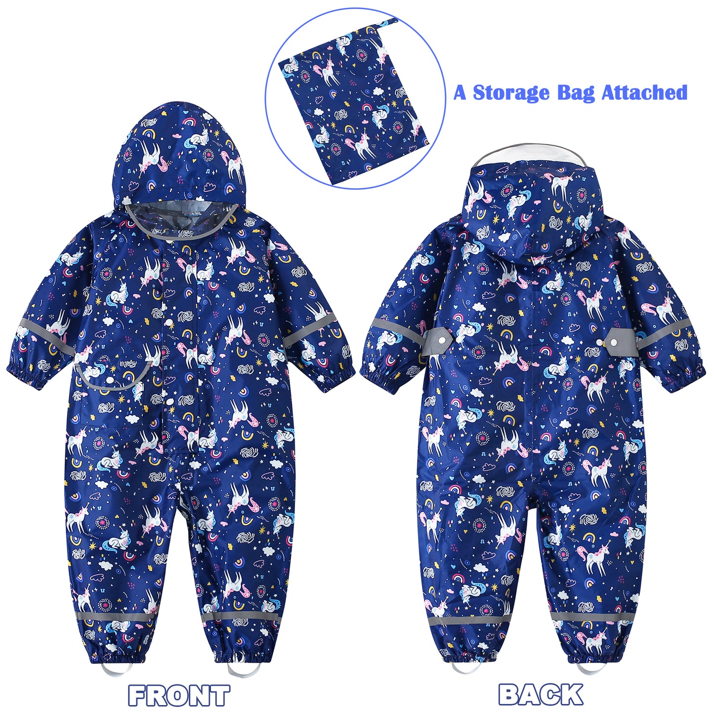 Fewlby Kids Rain Suit Toddler Girls Raincoats One Piece Hoodie Cartoon Rain Gear Coverall Waterproof Rainwear