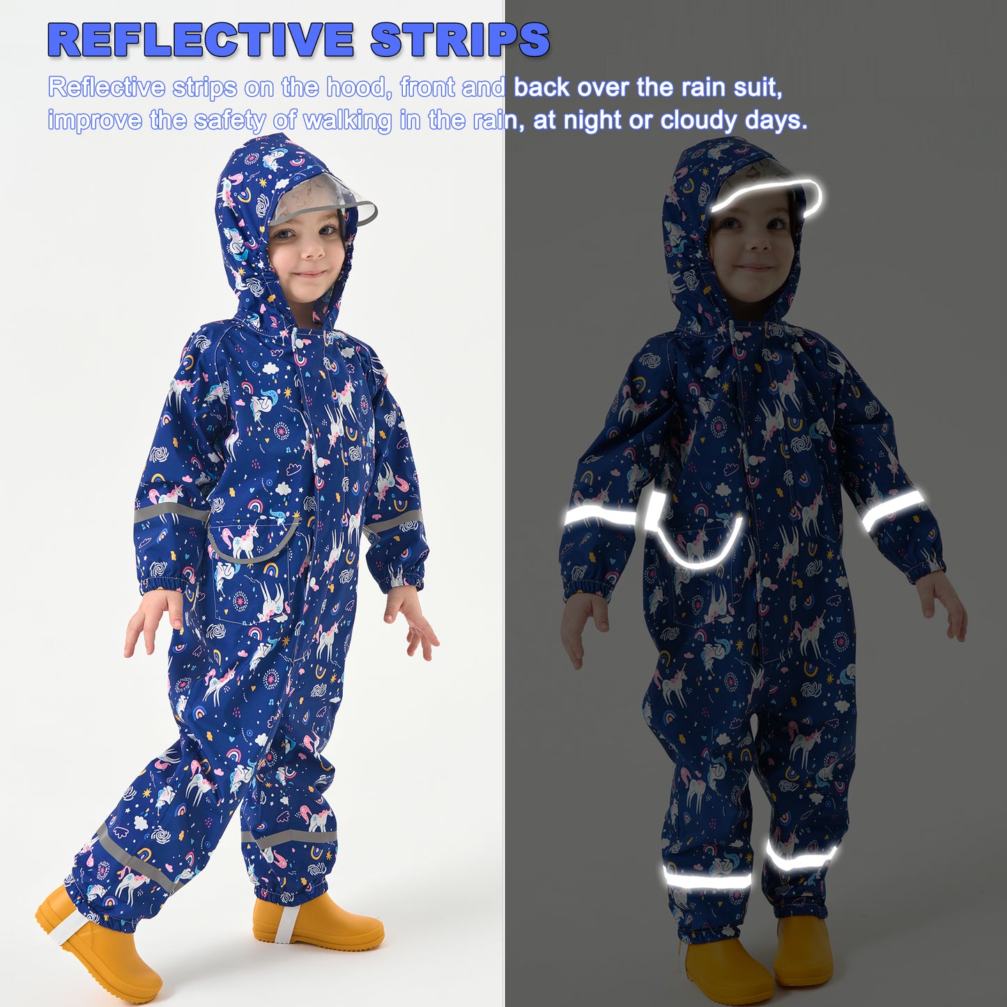 Fewlby Kids Rain Suit Toddler Girls Raincoats One Piece Hoodie Cartoon Rain Gear Coverall Waterproof Rainwear