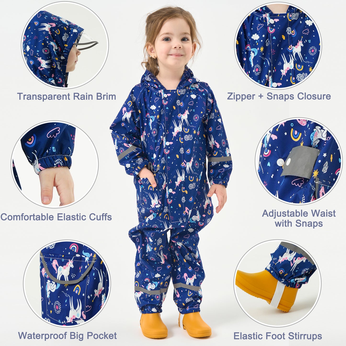 Fewlby Kids Rain Suit Toddler Girls Raincoats One Piece Hoodie Cartoon Rain Gear Coverall Waterproof Rainwear