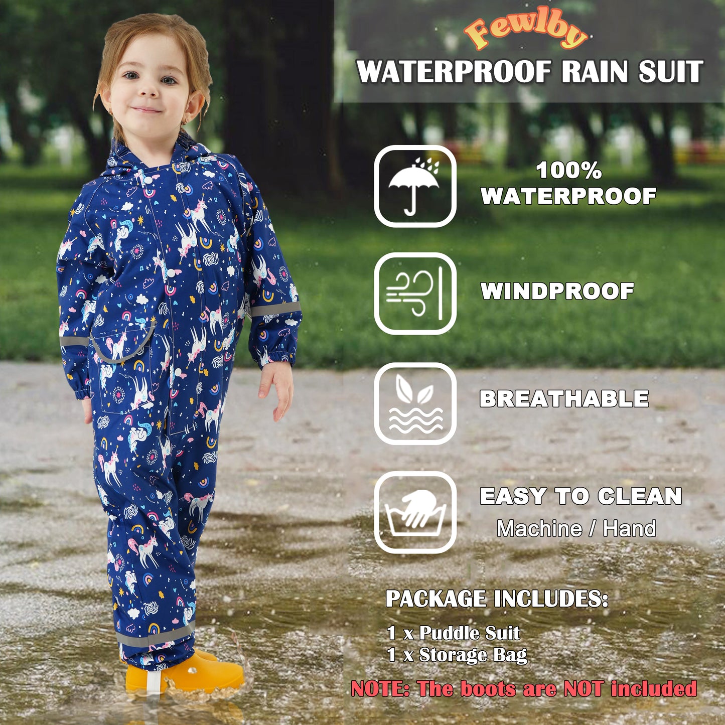 Fewlby Kids Rain Suit Toddler Girls Raincoats One Piece Hoodie Cartoon Rain Gear Coverall Waterproof Rainwear