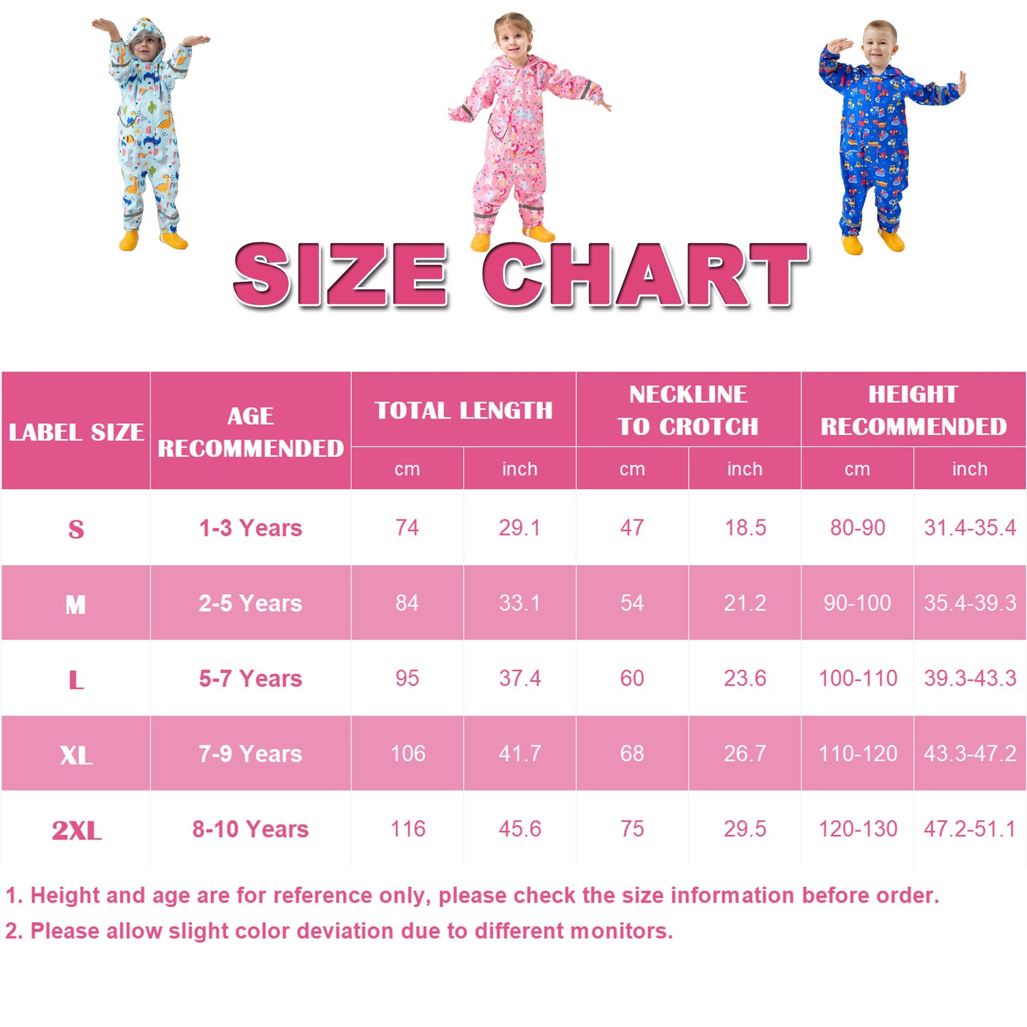 Kids Rain Suit, Toddler Raincoats One Piece Hoodie Cartoon Rain Gear Waterproof Rainwear Coveralls for Boys and Girls