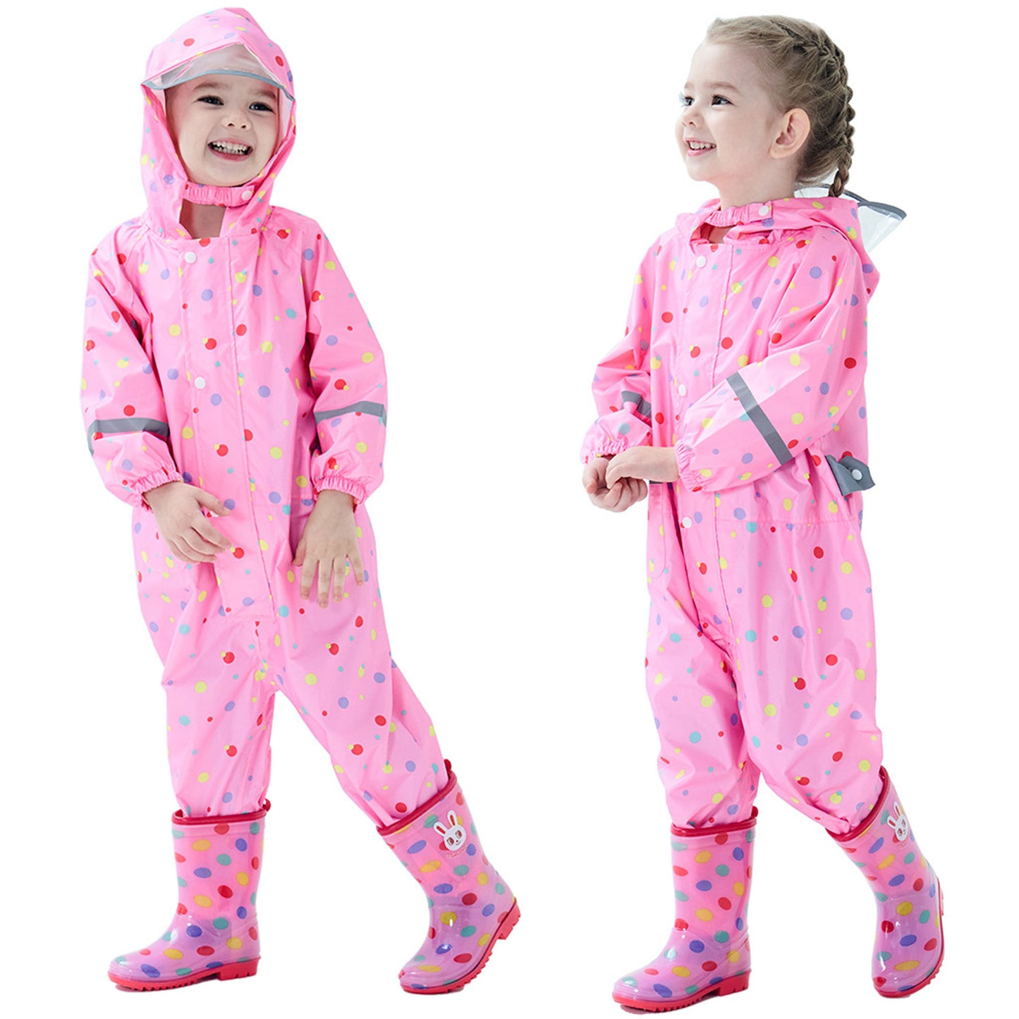 Kids Toddler Rain Suit for Boys Girls One Piece Hoodie Zipper Waterproof Rain Jacket 1-10 Years