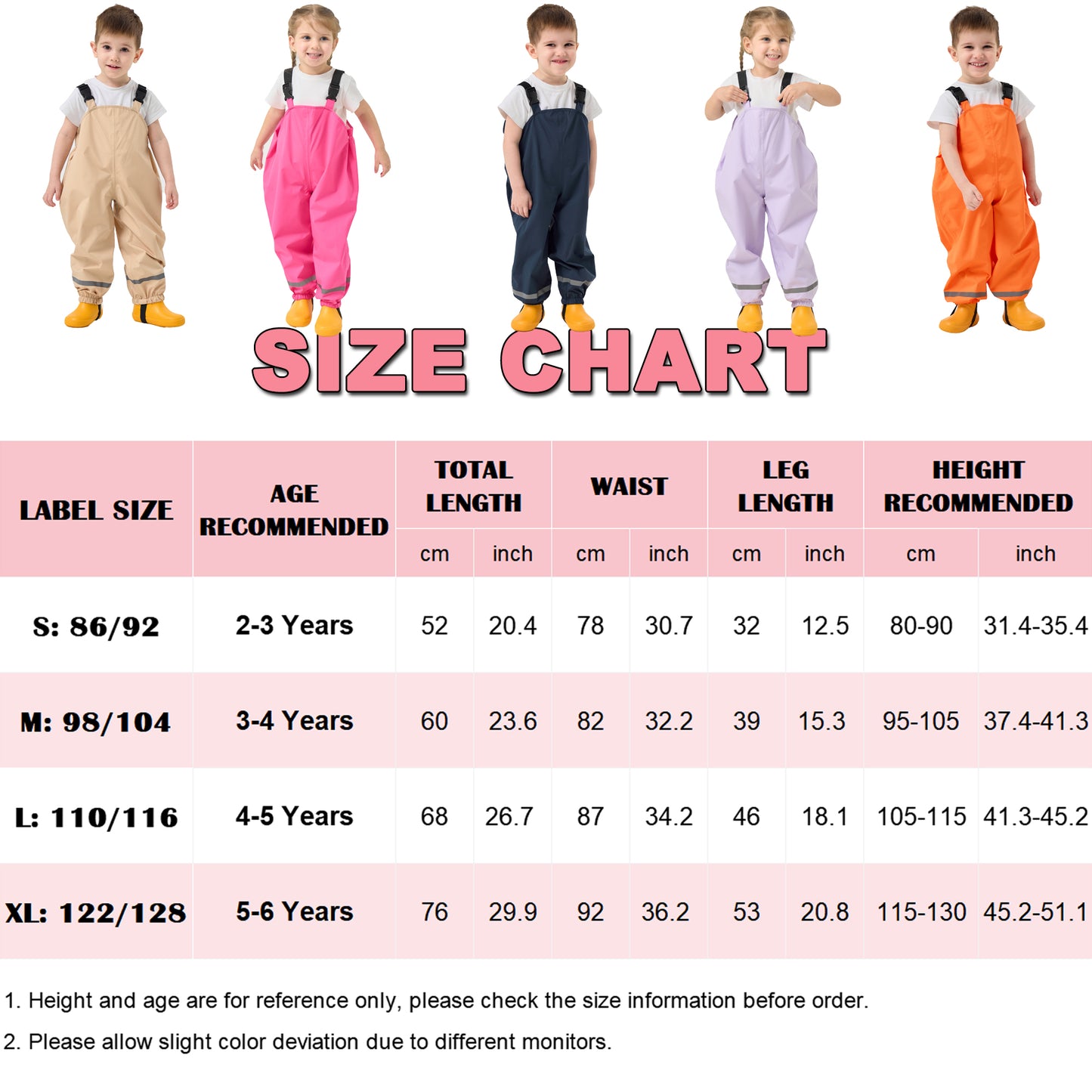 Fewlby Kids Rain Bib Pants, Toddlers Waterproof Suspender Dirty Proof Rain Wear for Boys and Girls