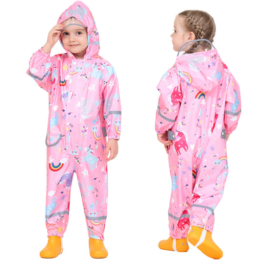 Fewlby Kids Rain Suit for Boys Girls Toddler Raincoats One Piece Hoodie Cartoon Coverall Waterproof Rainwear 1-10 Years