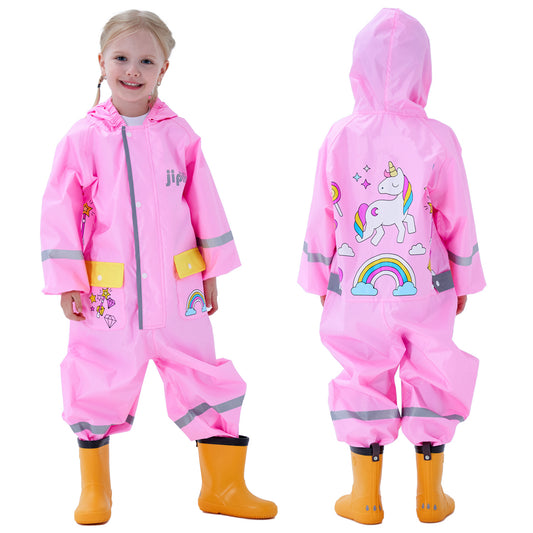 Fewlby Toddler Rain Suit Boys Girls One Piece Raincoat Cartoon Waterproof Coverall Kids Rainwear