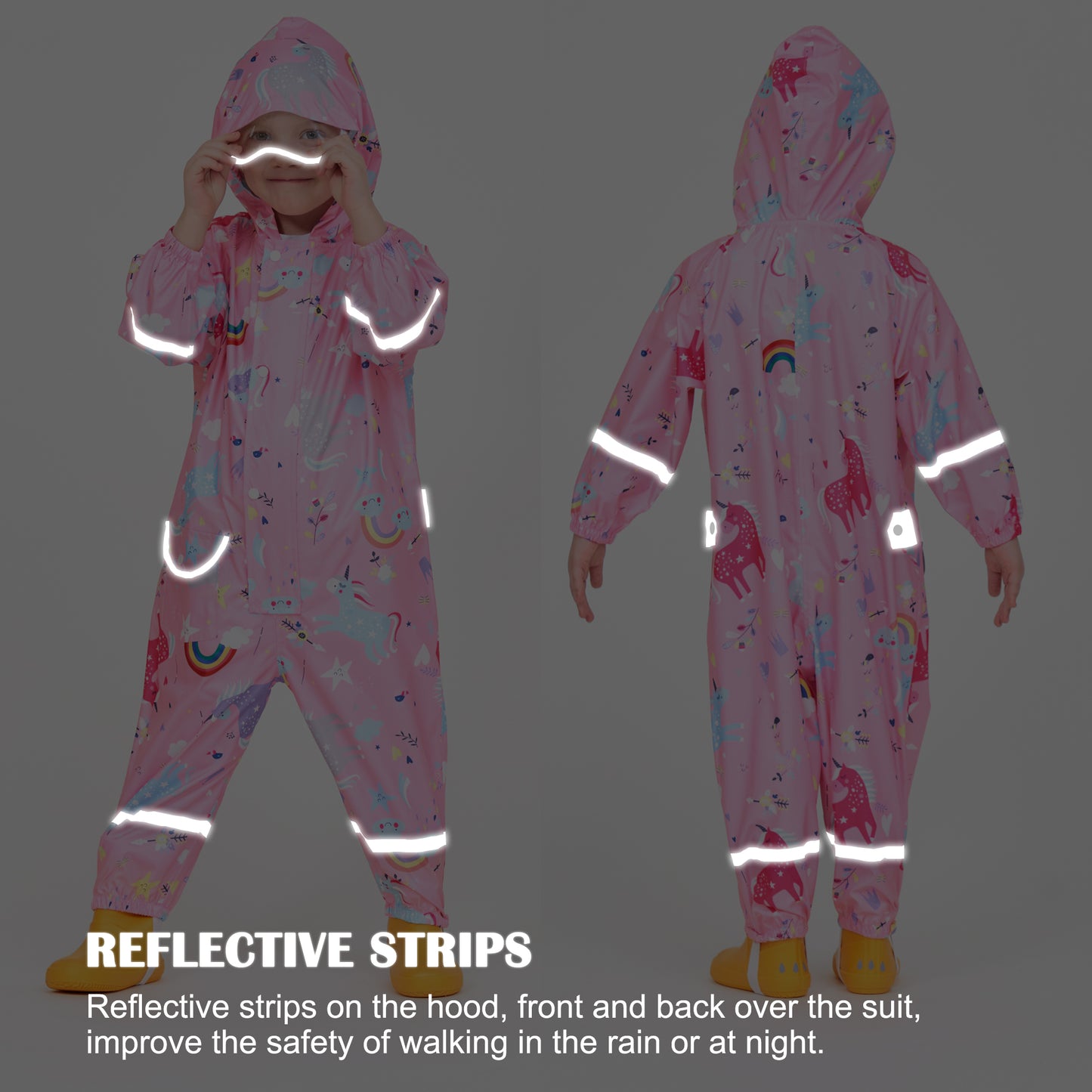 Fewlby Kids Rain Suit for Boys Girls Toddler Raincoats One Piece Hoodie Cartoon Coverall Waterproof Rainwear 1-10 Years