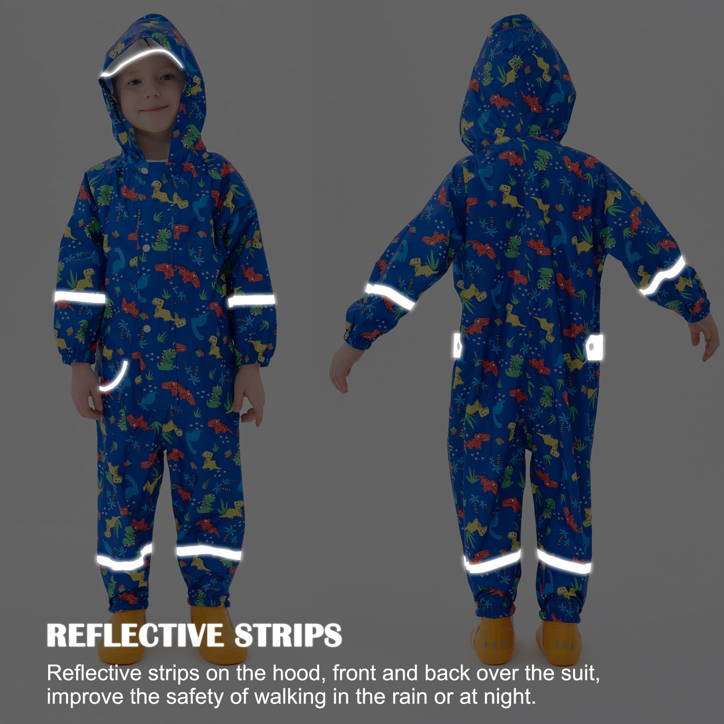 Fewlby Kids Rain Suit for Boys Girls Toddler Raincoats One Piece Hoodie Cartoon Coverall Waterproof Rainwear 1-10 Years