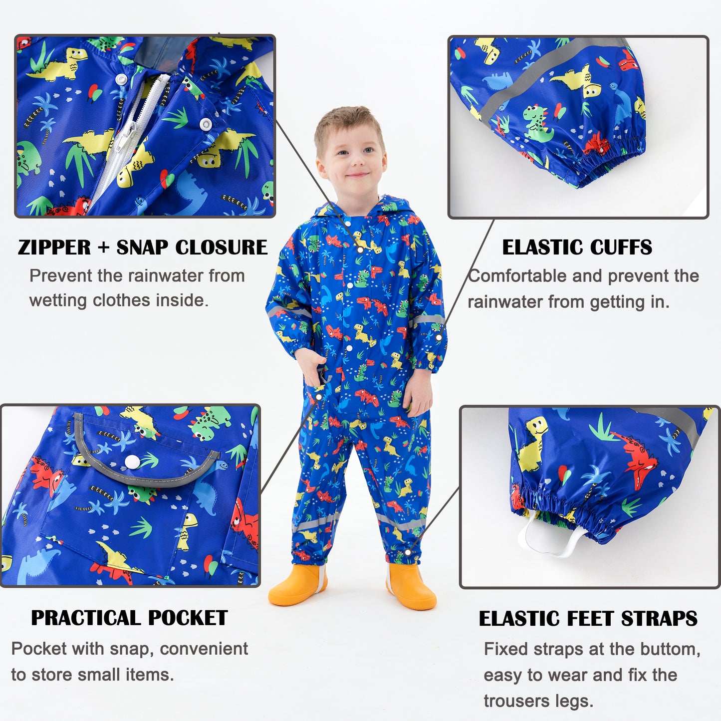 Fewlby Kids Rain Suit for Boys Girls Toddler Raincoats One Piece Hoodie Cartoon Coverall Waterproof Rainwear 1-10 Years