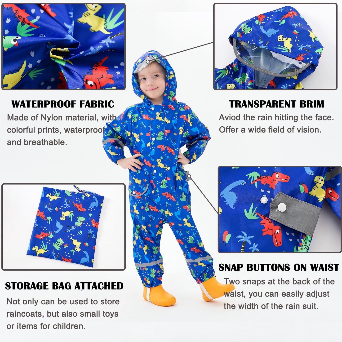 Fewlby Kids Rain Suit for Boys Girls Toddler Raincoats One Piece Hoodie Cartoon Coverall Waterproof Rainwear 1-10 Years