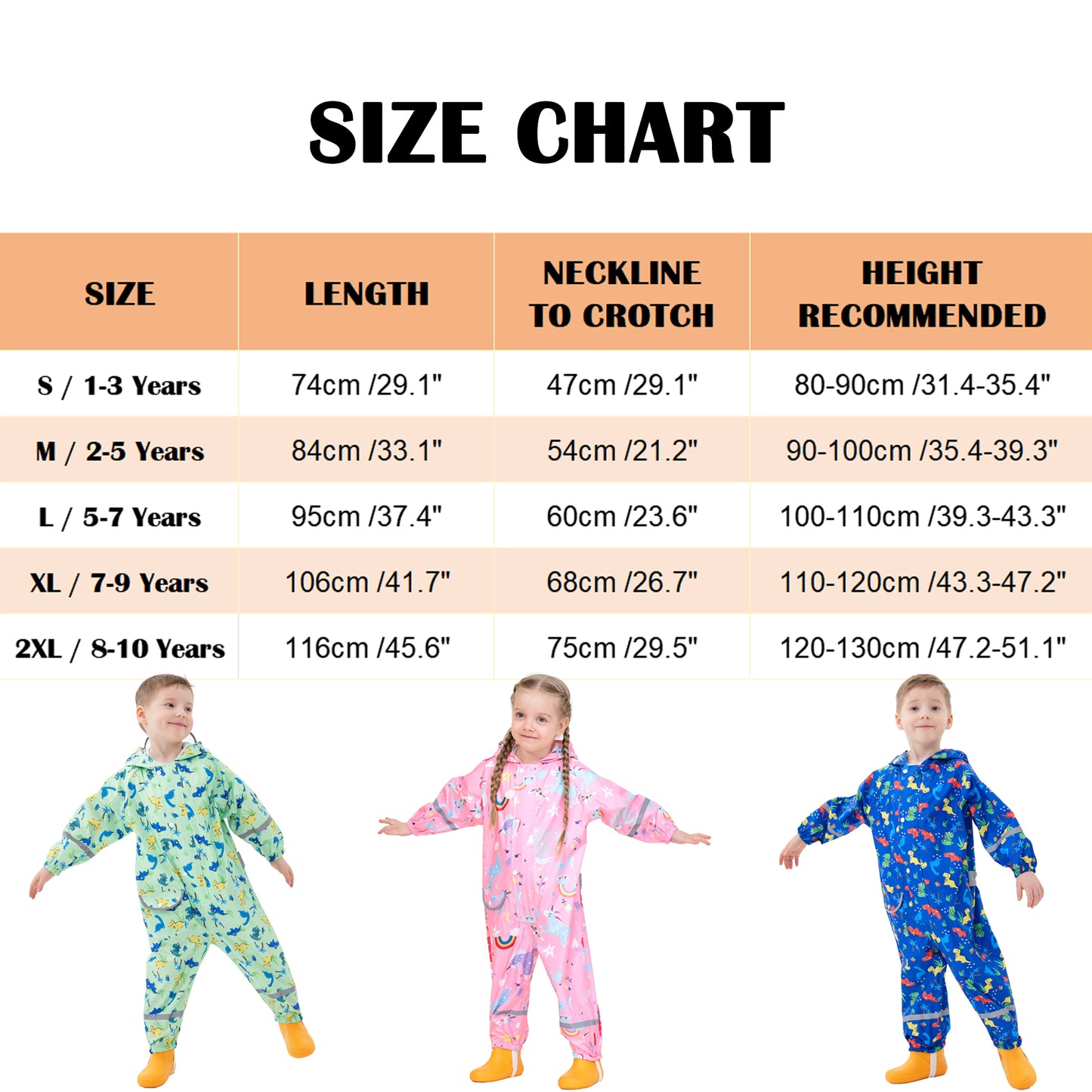 Fewlby Kids Rain Suit for Boys Girls Toddler Raincoats One Piece Hoodie Cartoon Coverall Waterproof Rainwear 1-10 Years