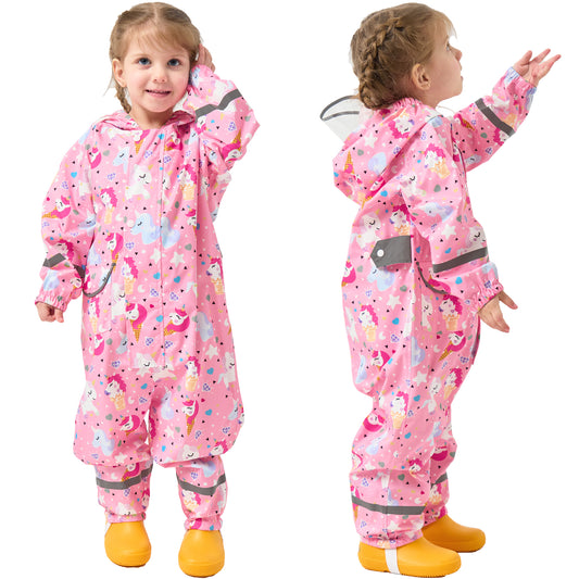 Kids Rain Suit, Toddler Raincoats One Piece Hoodie Cartoon Rain Gear Waterproof Rainwear Coveralls for Boys and Girls