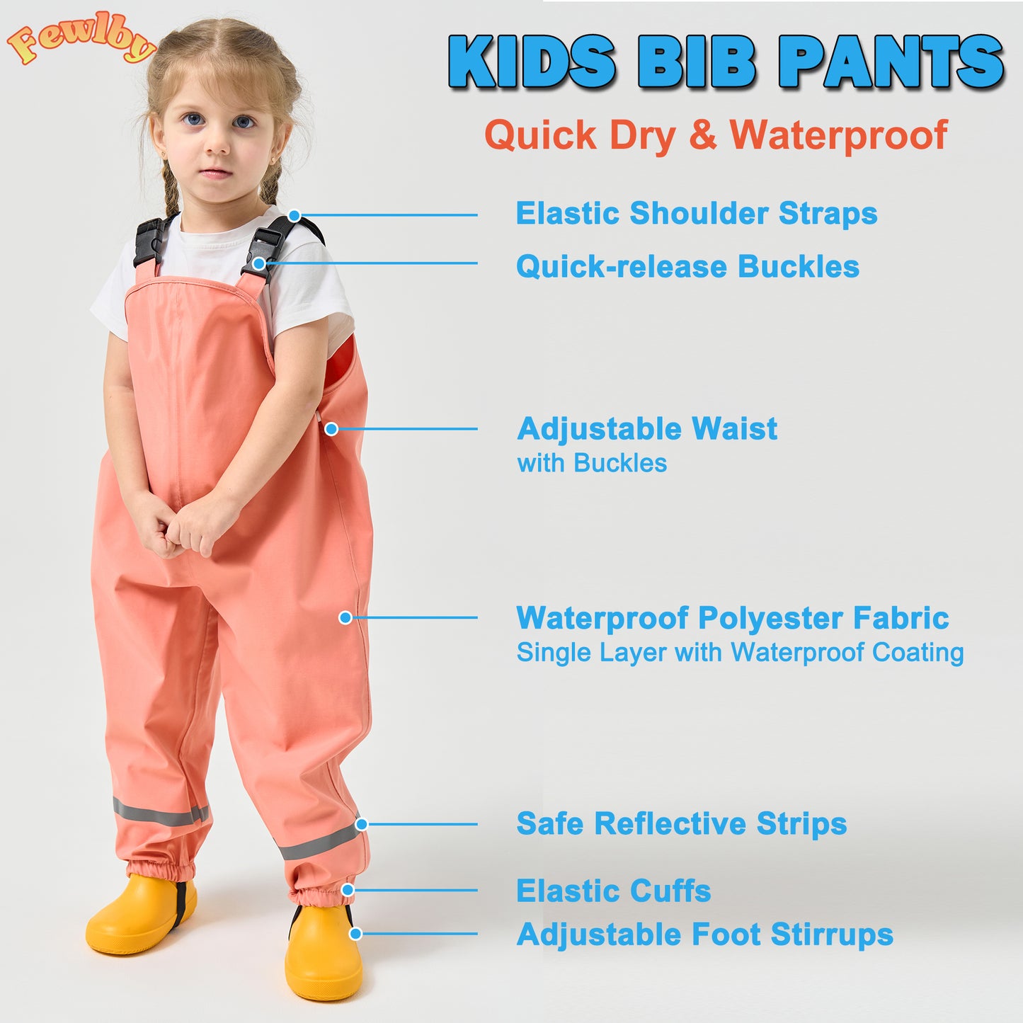 Kids Rain Bib Pants, Toddlers Waterproof Suspender Dirty Proof Rain Wear