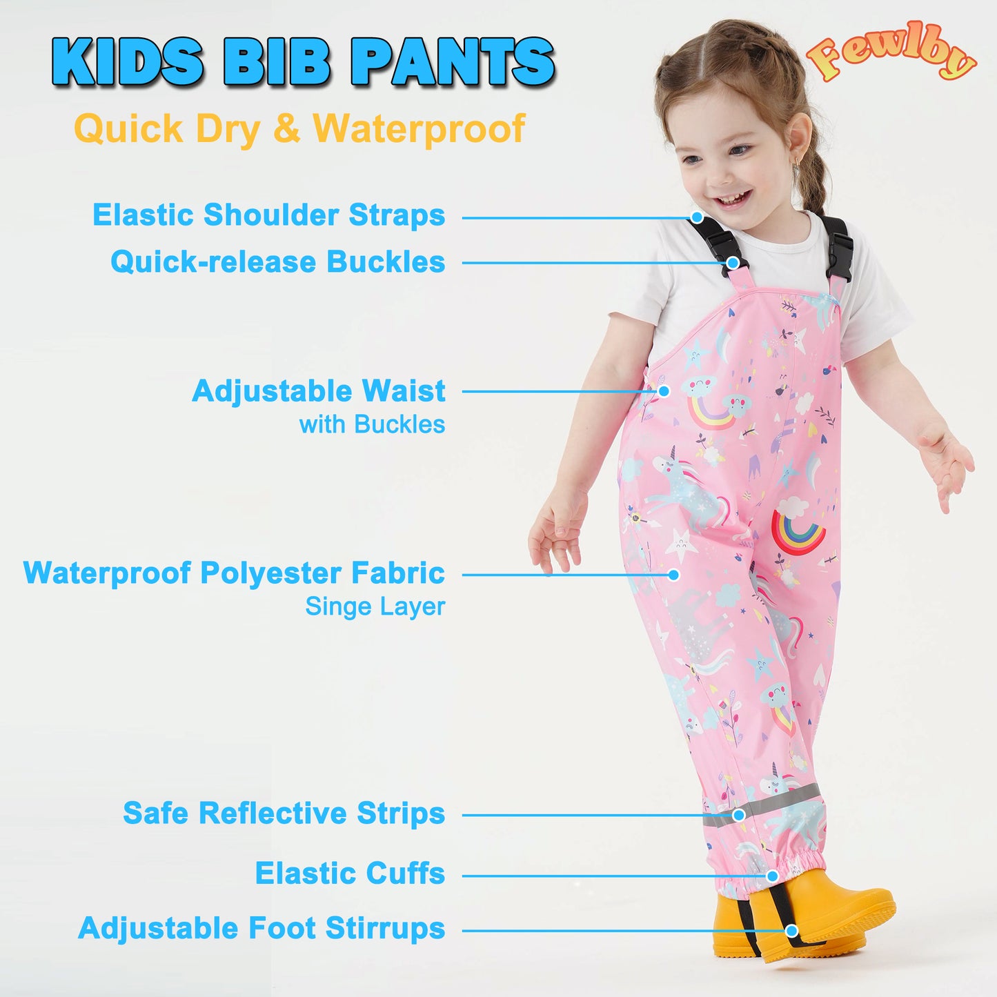 Kids Waterproof Rain Bib Pants, Boys Girls Rain Pants Cartoon Rain Trousers Lightweight Rainwear for Toddlers