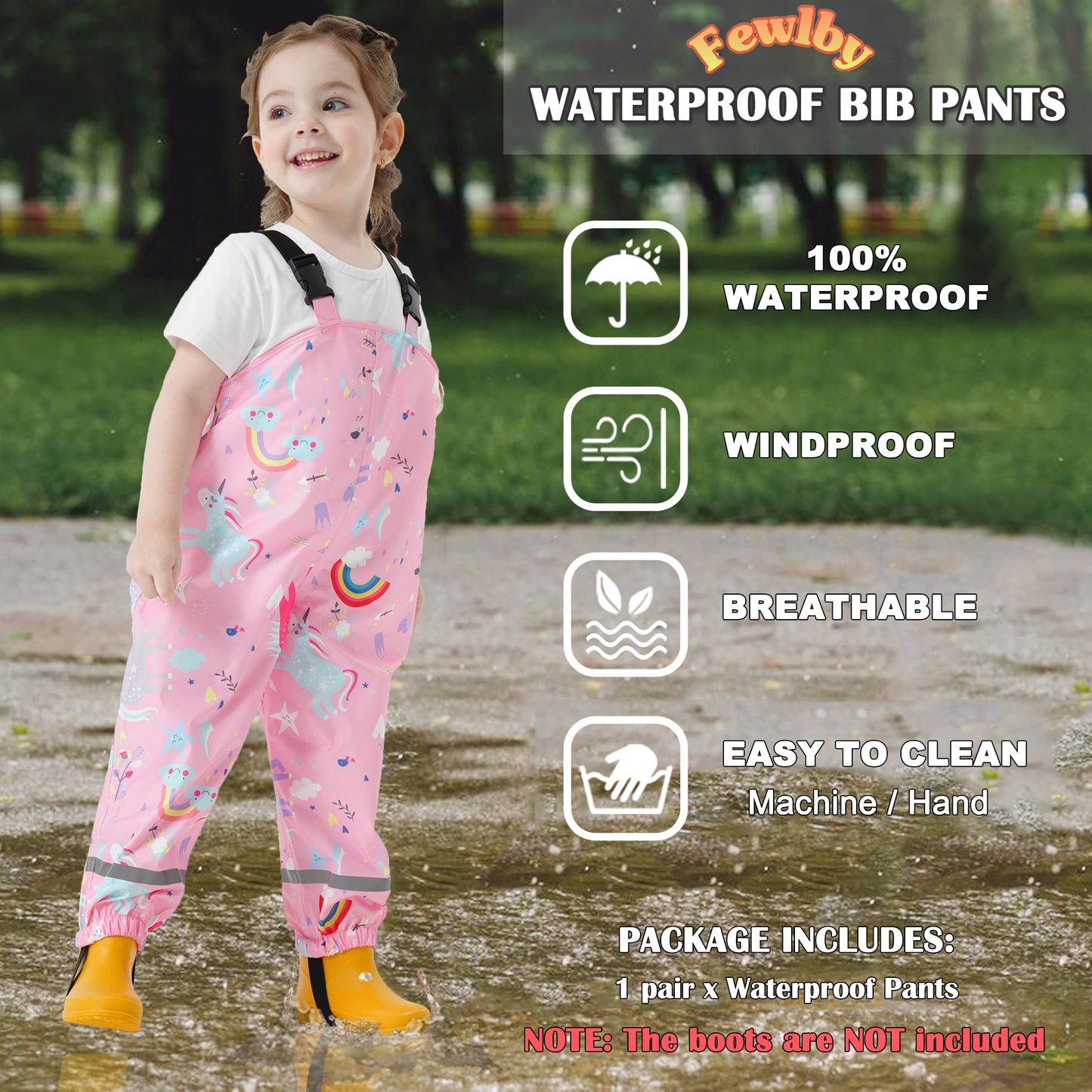 Kids Waterproof Rain Bib Pants, Boys Girls Rain Pants Cartoon Rain Trousers Lightweight Rainwear for Toddlers