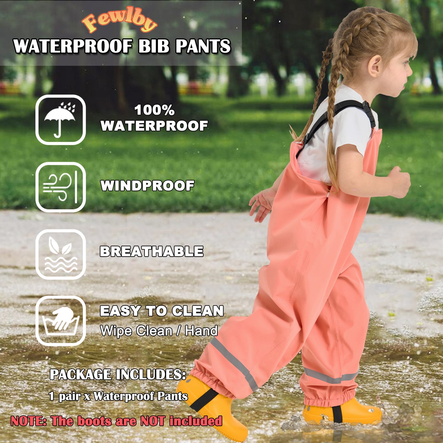 Kids Rain Bib Pants, Toddlers Waterproof Suspender Dirty Proof Rain Wear