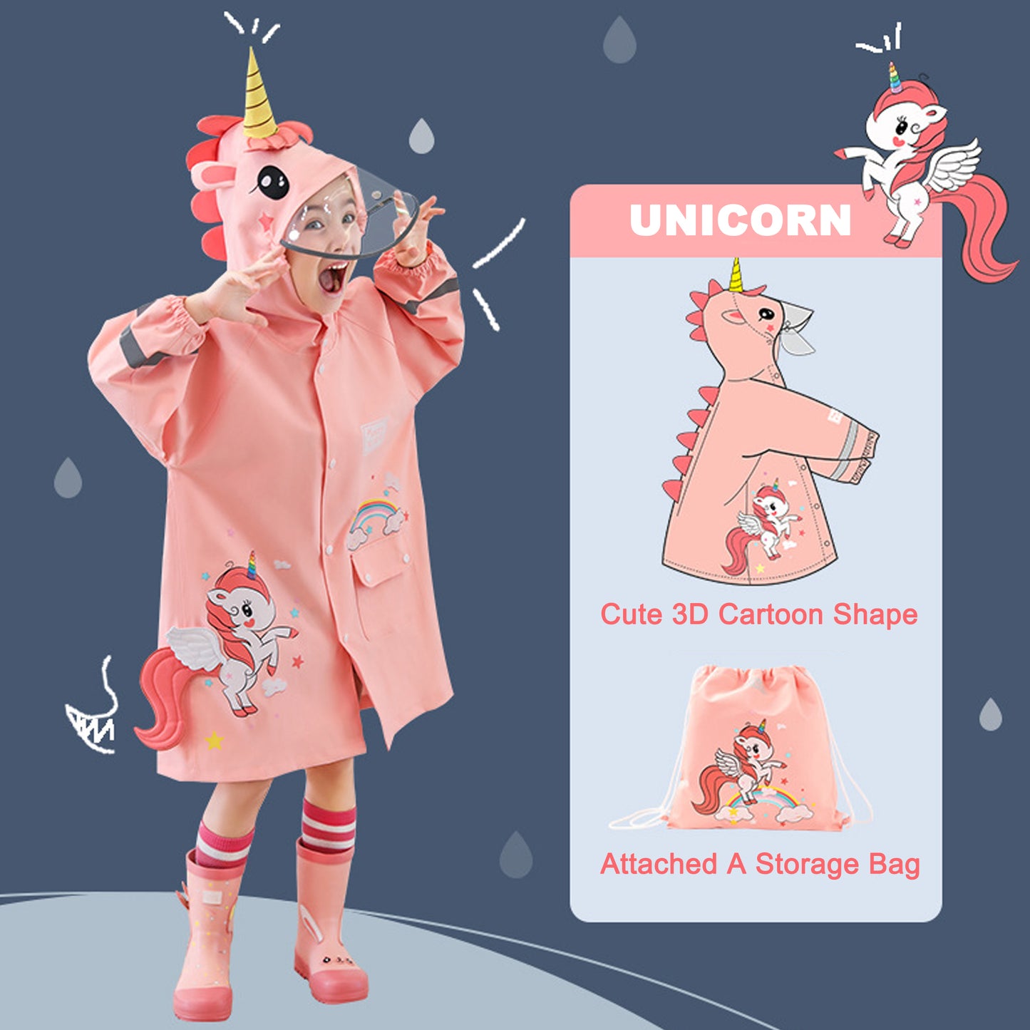 Kids Raincoats for Girls Boys Waterpoof Rainsuit Toddler Poncho 3D Cartoon Children Rainwear