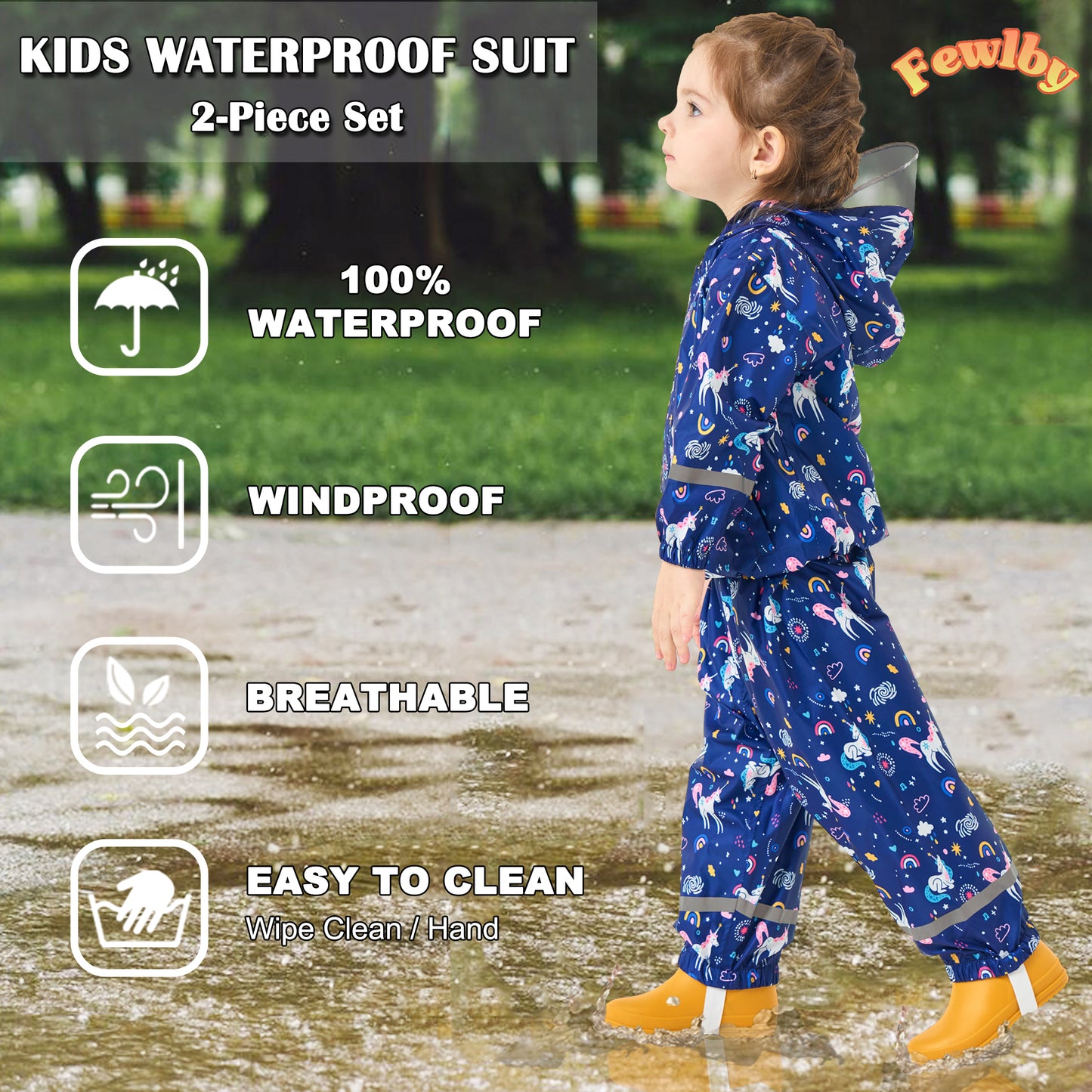 Fewlby Kids Rainsuit Girls Cartoon Raincoat Set, Toddler Waterproof Rain Jacket and Pants Child Rainset Rainwear