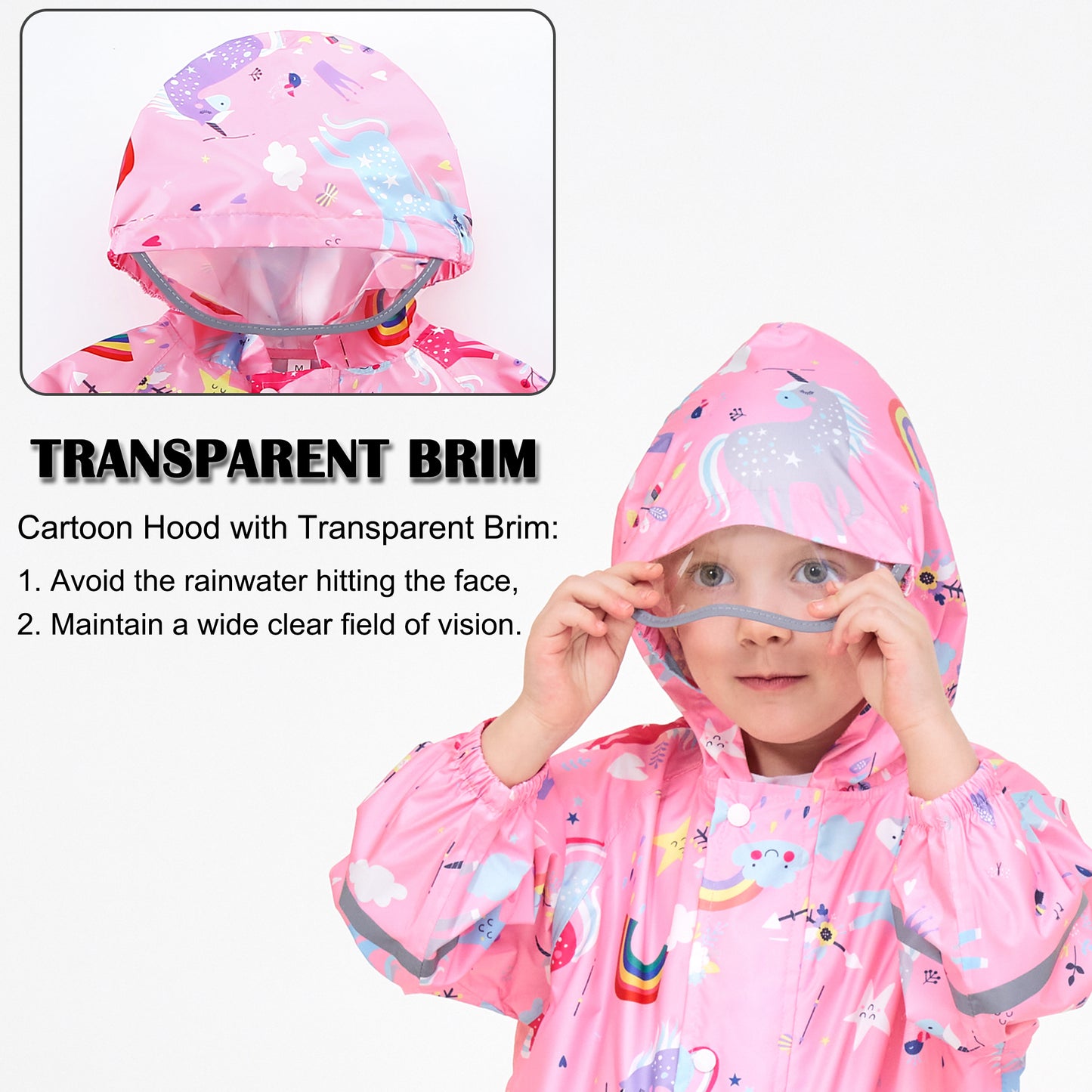 Fewlby Kids Rain Suit for Boys Girls Toddler Raincoats One Piece Hoodie Cartoon Coverall Waterproof Rainwear 1-10 Years