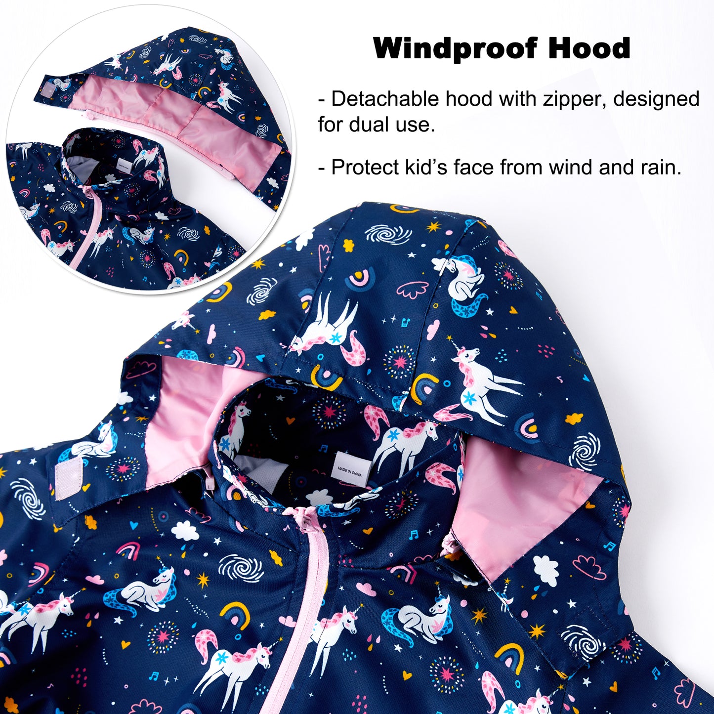 Girls Rain Jackets, Kids Waterproof Jacket Hooded Raincoats Lightweight Windbreaker Cartoon Windproof Outdoor Coats for Spring Fall