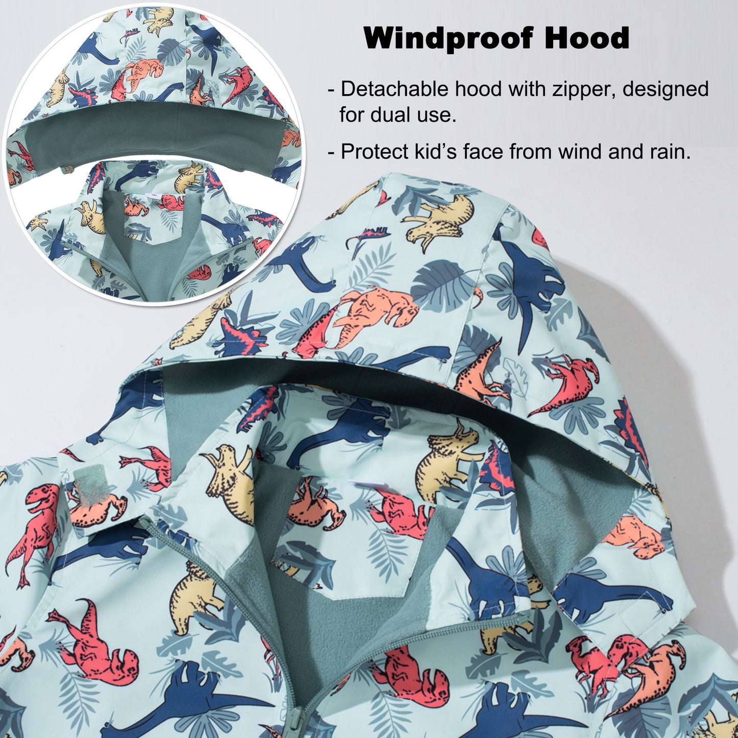 Kids Waterproof Jackets, Boys Rain Jackets Fleece Lined Windbreaker Hooded Raincoat Cartoon Dinosaurs Waterproof Coat Zipper Windproof Sports Outwear