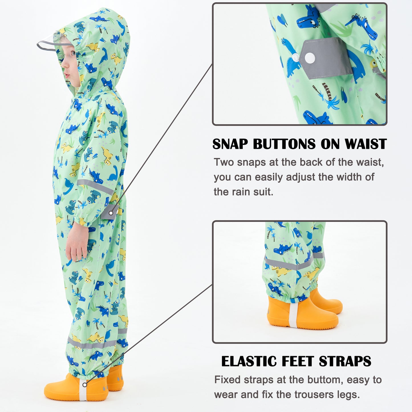 Fewlby Kids Rain Suit for Boys Girls Toddler Raincoats One Piece Hoodie Cartoon Coverall Waterproof Rainwear 1-10 Years