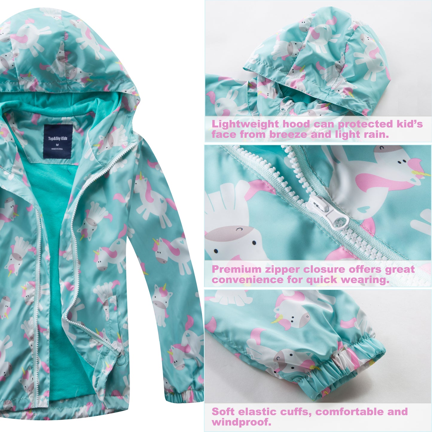 Girls Rain Jackets Waterproof Lightweight Hooded Cotton Kids Outdoor Raincoats Breathable Windbreakers 4-11 Years