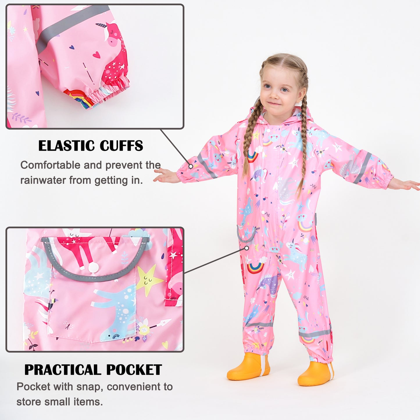 Fewlby Kids Rain Suit for Boys Girls Toddler Raincoats One Piece Hoodie Cartoon Coverall Waterproof Rainwear 1-10 Years