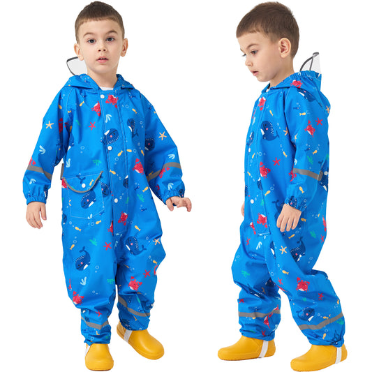 Kids Rain Suit, Toddler Raincoats One Piece Hoodie Cartoon Rain Gear Boys Waterproof Rainwear Coveralls