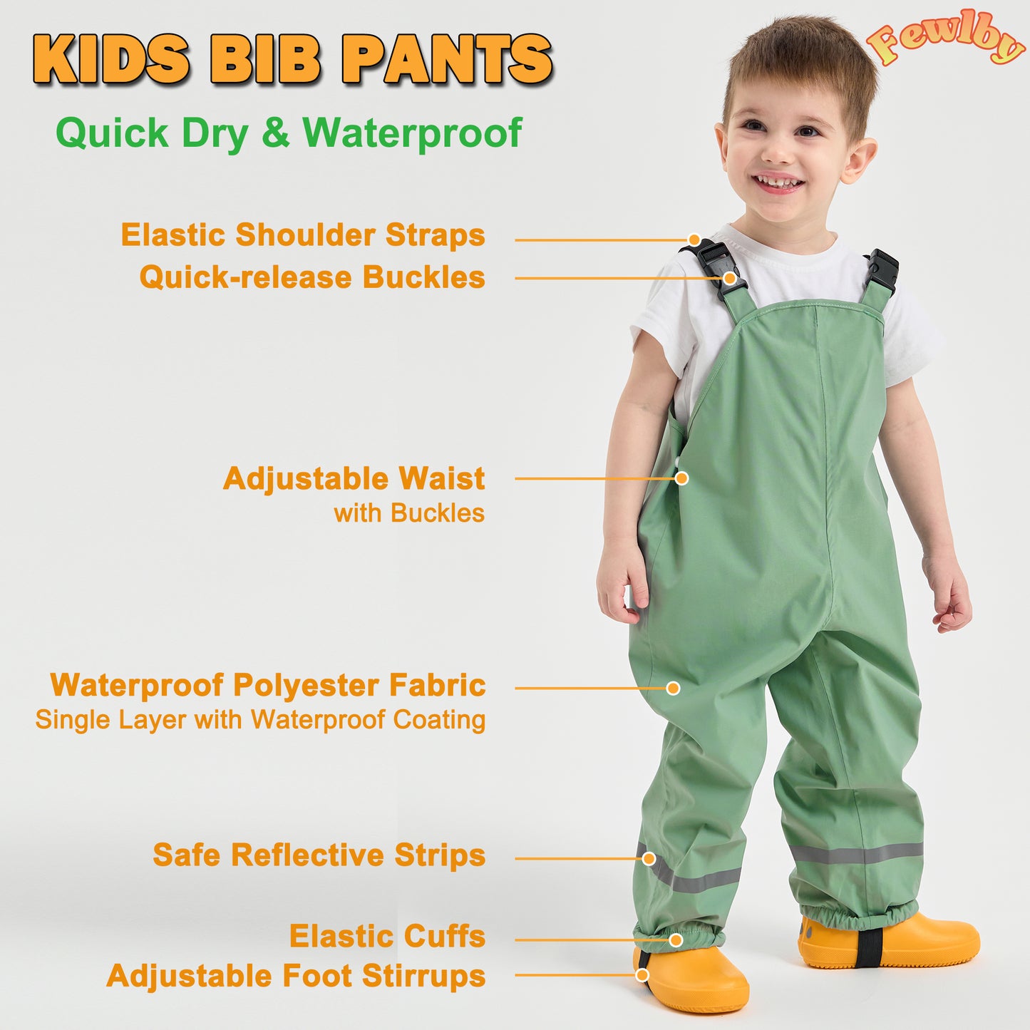 Kids Rain Bib Pants, Toddlers Waterproof Suspender Dirty Proof Rain Wear