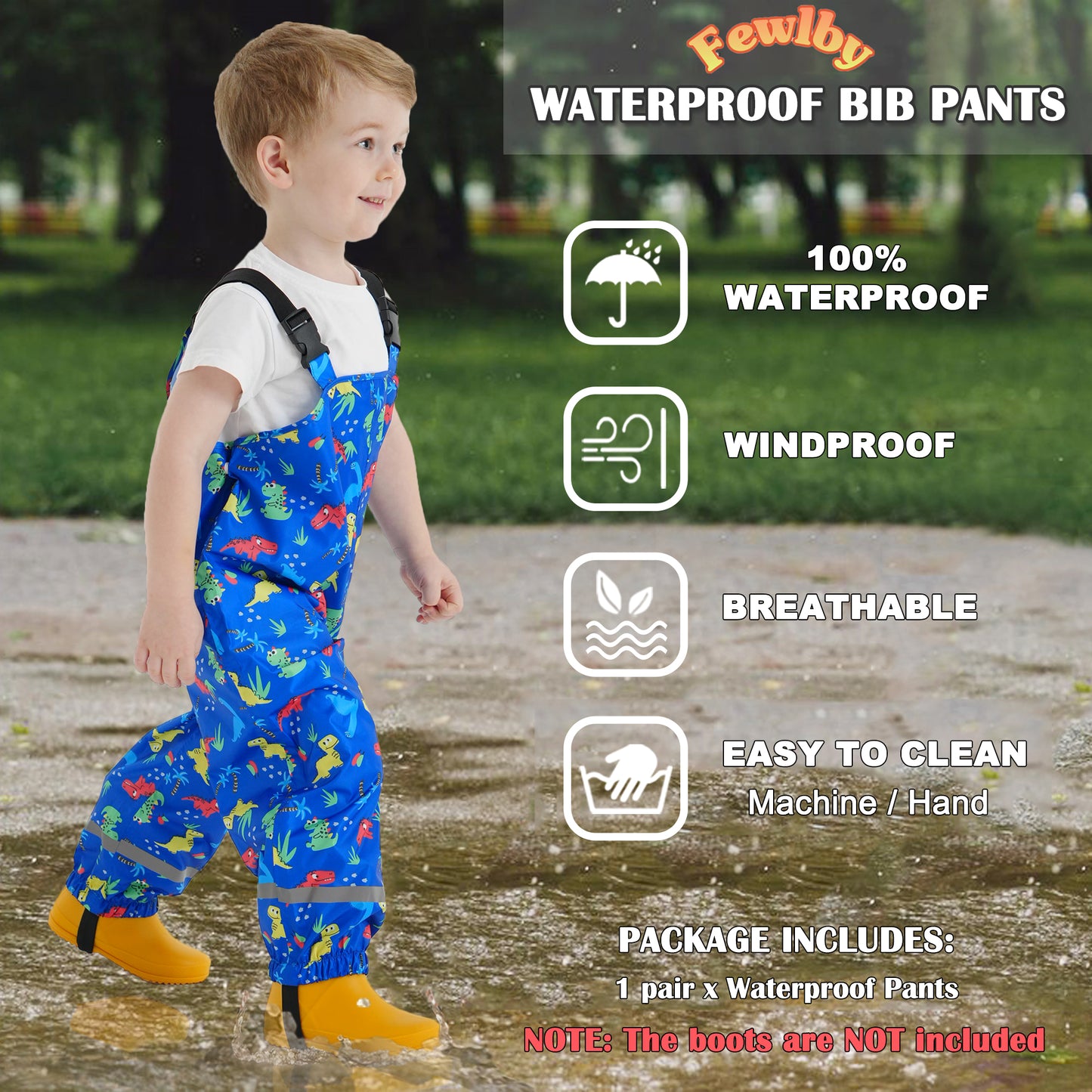 Kids Waterproof Rain Bib Pants, Boys Girls Rain Pants Cartoon Rain Trousers Lightweight Rainwear for Toddlers