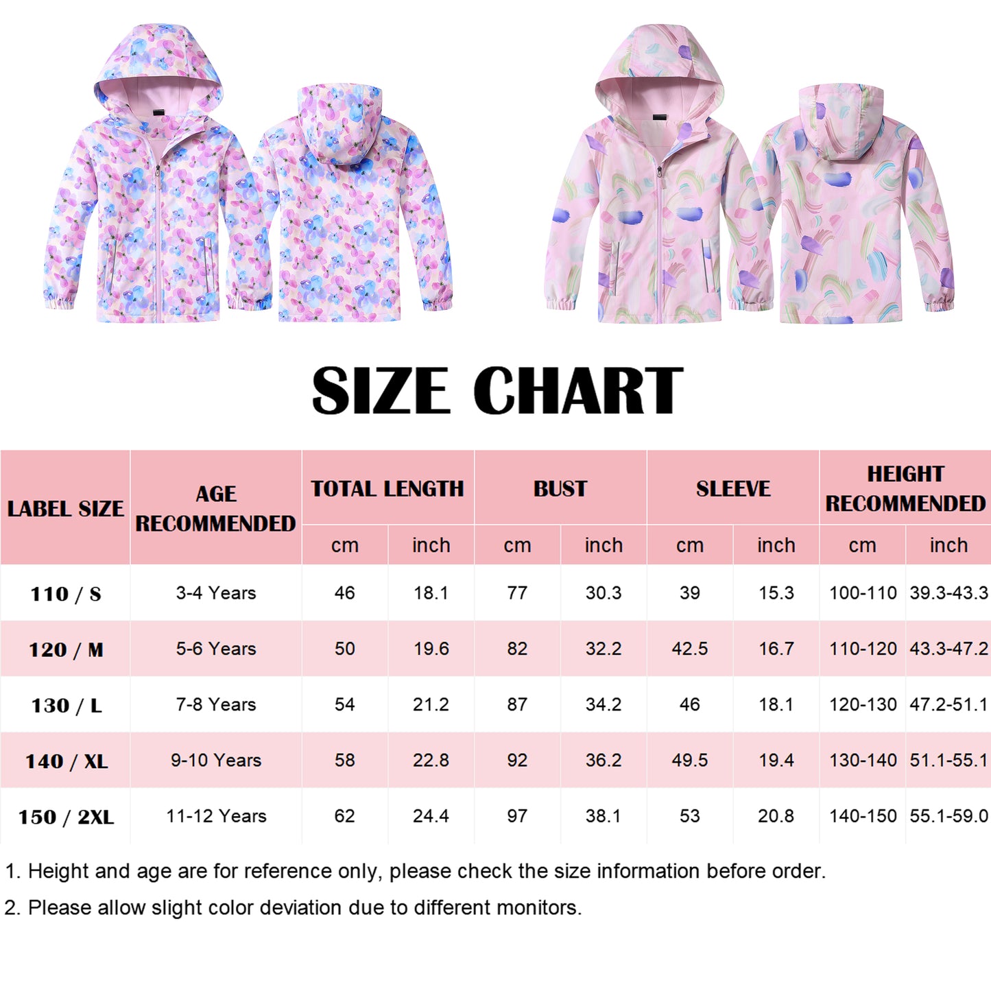 Girls Waterproof Jacket, Kids Raincoat Fleece Lined Windbreaker Hooded Rain Jaclets Cartoon Windproof Coats Outdoor Outerwear