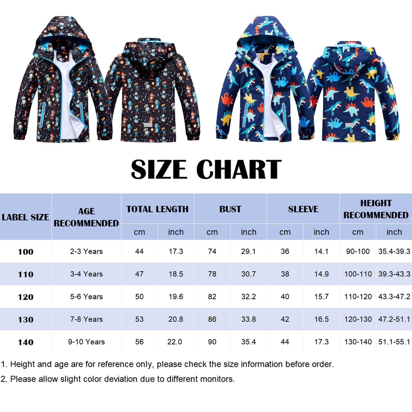 Boys Waterproof Jackets, Hooded Raincoat for Kids Windbreaker Cartoon Rain Jacket Lightweight Waterproof Coat Zipper Sports Outwear