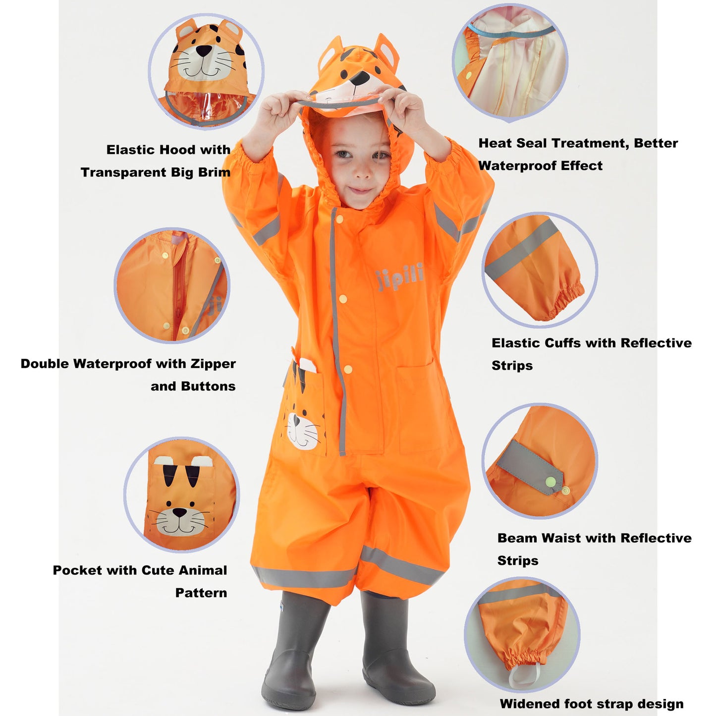 Kids Rain Suit Boys Girls Waterproof Suit Toddler One Piece Puddle Suit Hoodie Zipper Cute Cartoon Rain Jacket