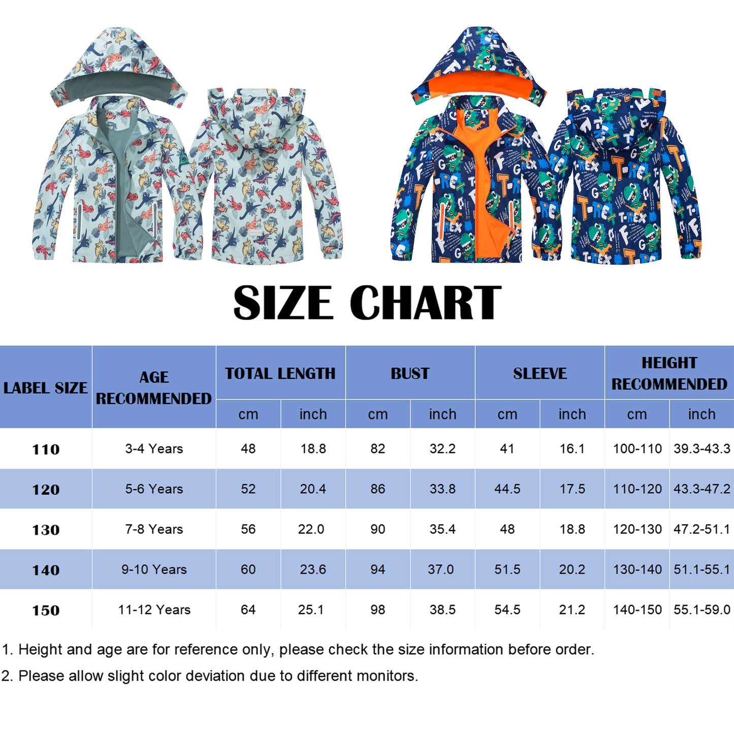 Kids Waterproof Jackets, Boys Rain Jackets Fleece Lined Windbreaker Hooded Raincoat Cartoon Dinosaurs Waterproof Coat Zipper Windproof Sports Outwear